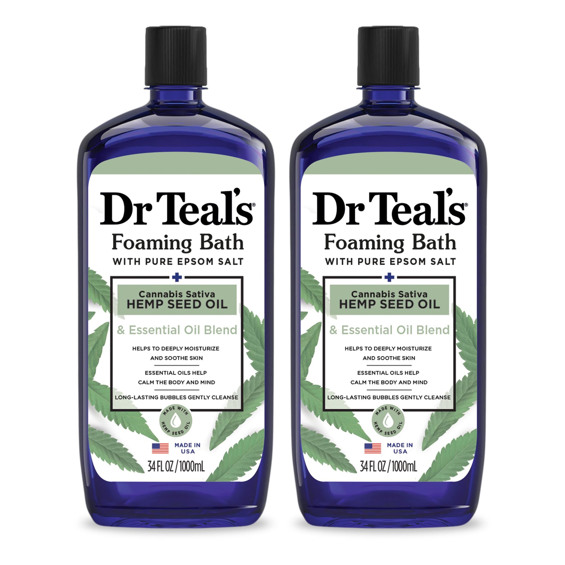 Dr Teal's - Baño espumoso con sal pura de Epsom, aceite de semilla de cáñamo de cannabis sativa, 34 onzas líquidas (paquete de 2)