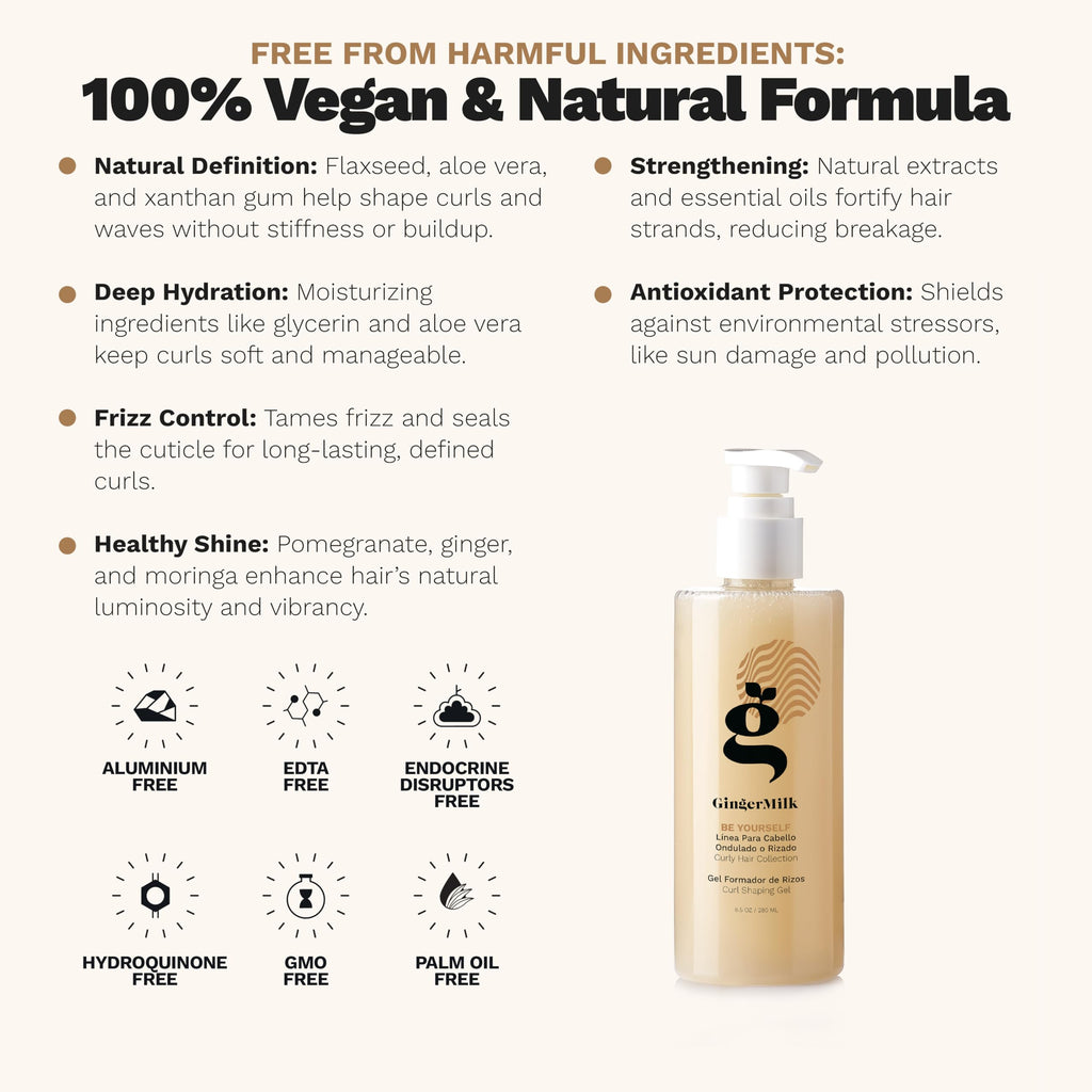 Ginger Milk - Gel definidor rizado de leche de jengibre para cabello rizado, ondulado y enroscado, hidrata, define y brilla | Potenciador natural de rizos Be Yourself 8.5 onzas