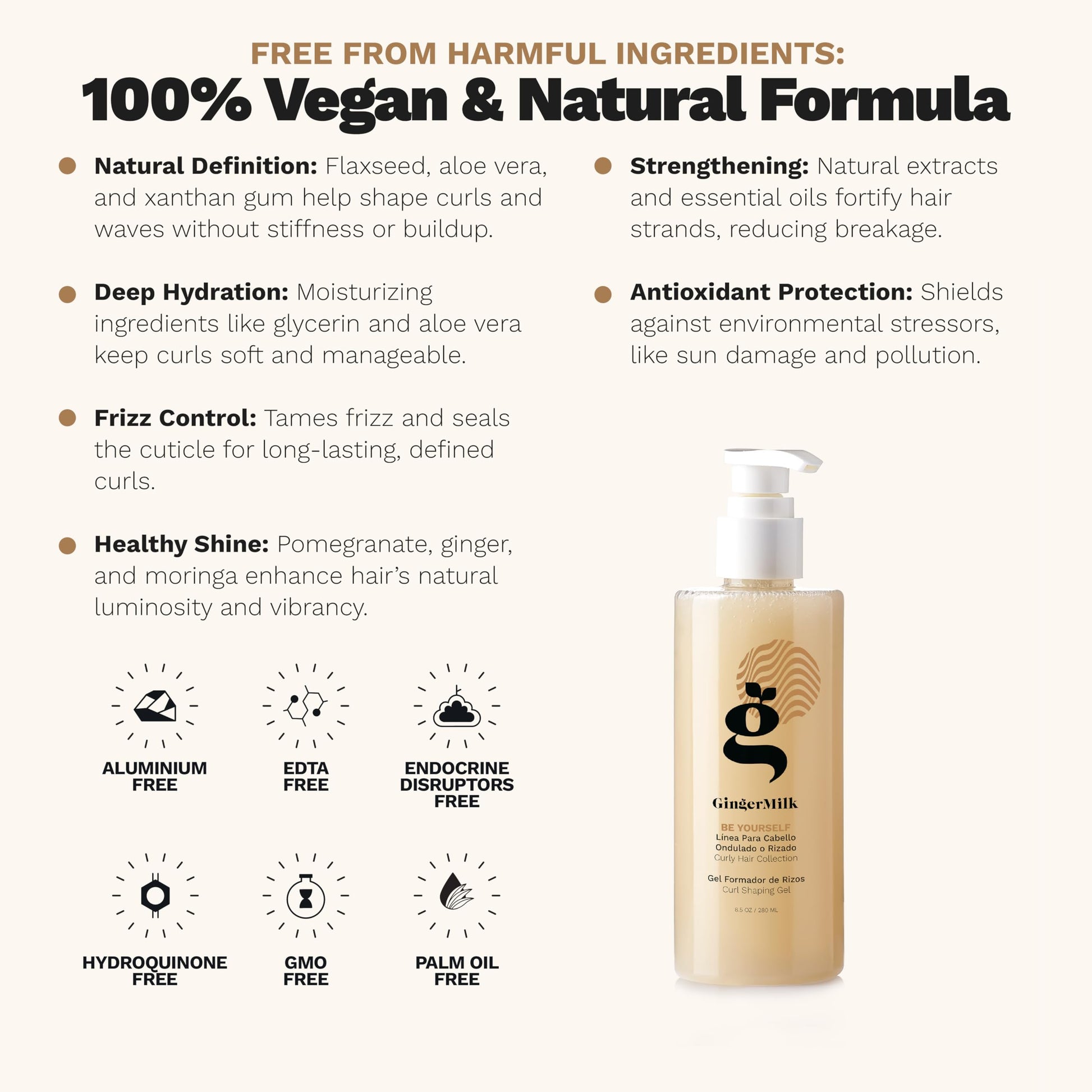 Ginger Milk - Gel definidor rizado de leche de jengibre para cabello rizado, ondulado y enroscado, hidrata, define y brilla | Potenciador natural de rizos Be Yourself 8.5 onzas