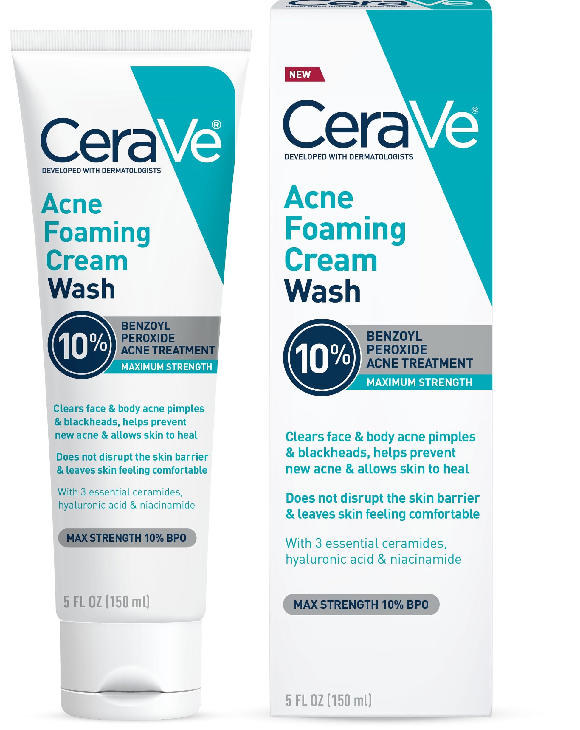 CeraVe - Crema espumosa para el acné, limpiador suave para rostro y cuerpo con peróxido de benzoilo al 10%, ácido hialurónico y niacinamida, tratamiento con peróxido de benzoilo al 10% que elimina granos y puntos negros. 5 Oz