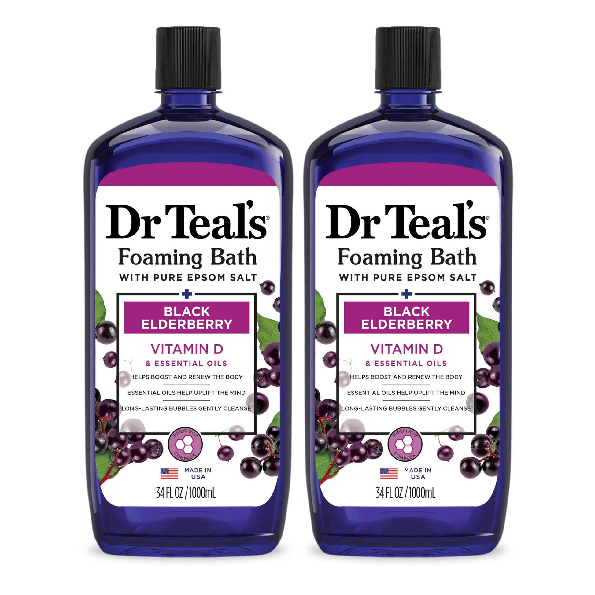 Dr Teal's - Baño espumoso con sal pura de Epsom, saúco negro con vitamina D, 34 onzas líquidas (paquete de 2)