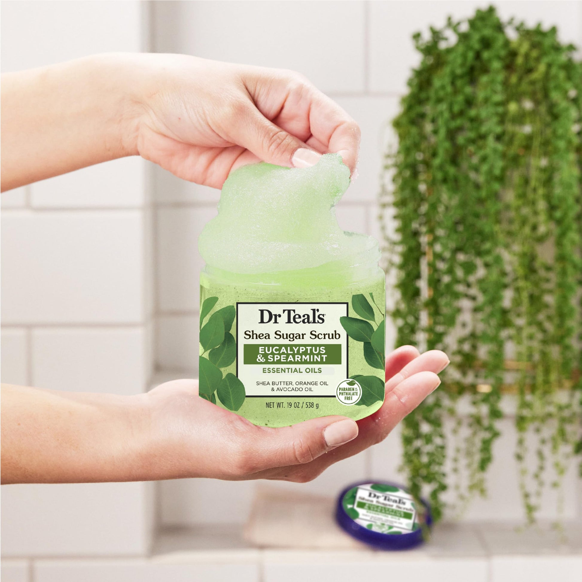 Dr Teal's - Exfoliante de azúcar de karité, aceites esenciales de eucalipto y menta verde, 19 onzas (paquete de 3)