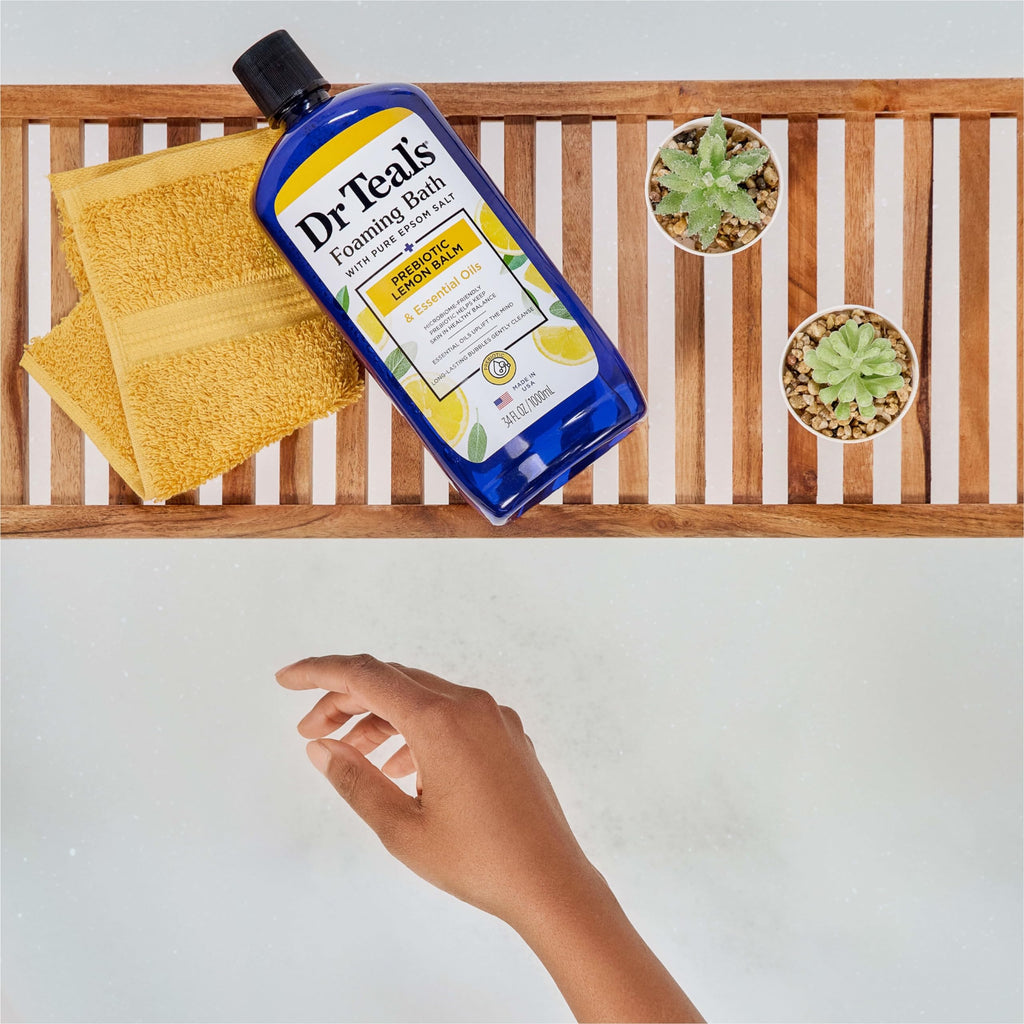 Dr Teal's - Baño espumoso con sal pura de Epsom, bálsamo de limón prebiótico y aceites esenciales, 34 onzas líquidas (paquete de 4)
