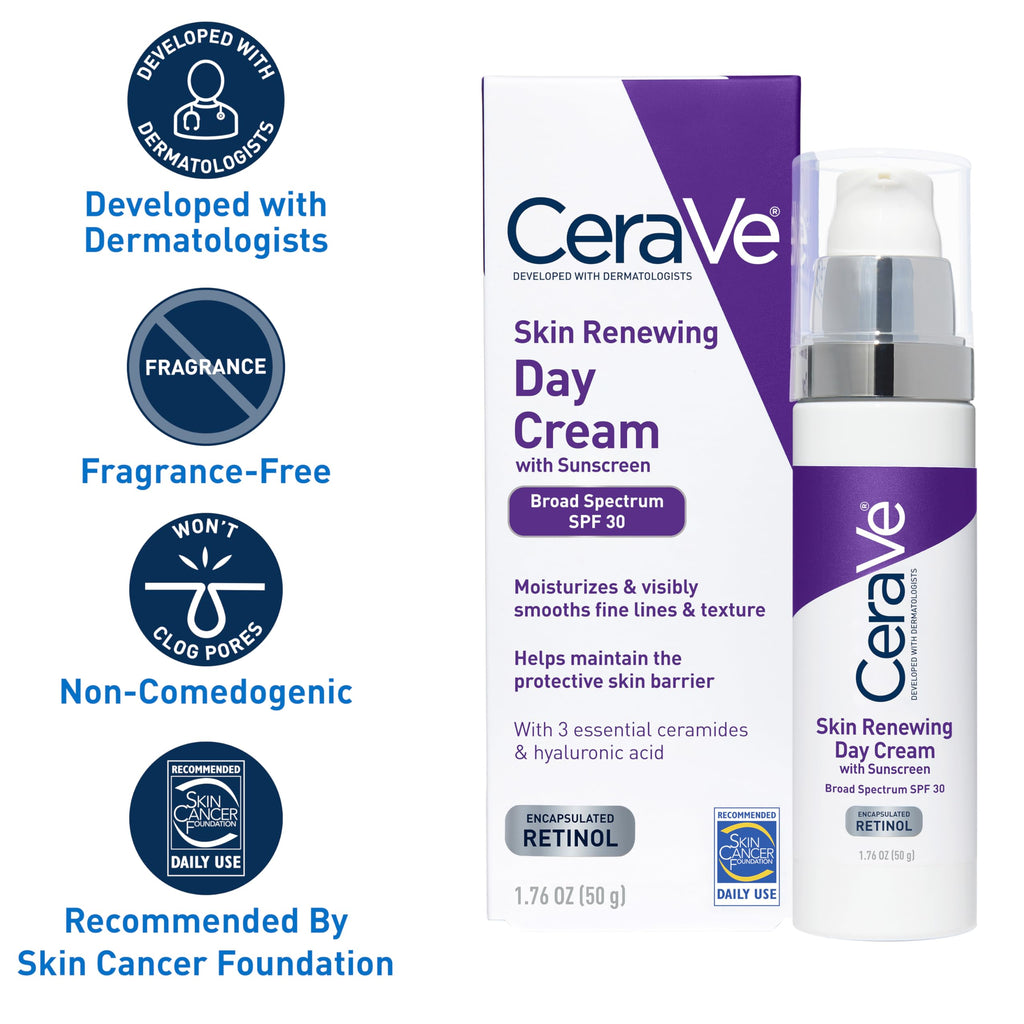 CeraVe - Crema facial antiedad con factor de protección solar 30, crema antiarrugas con retinol, ácido hialurónico y ceramidas, 50 ml