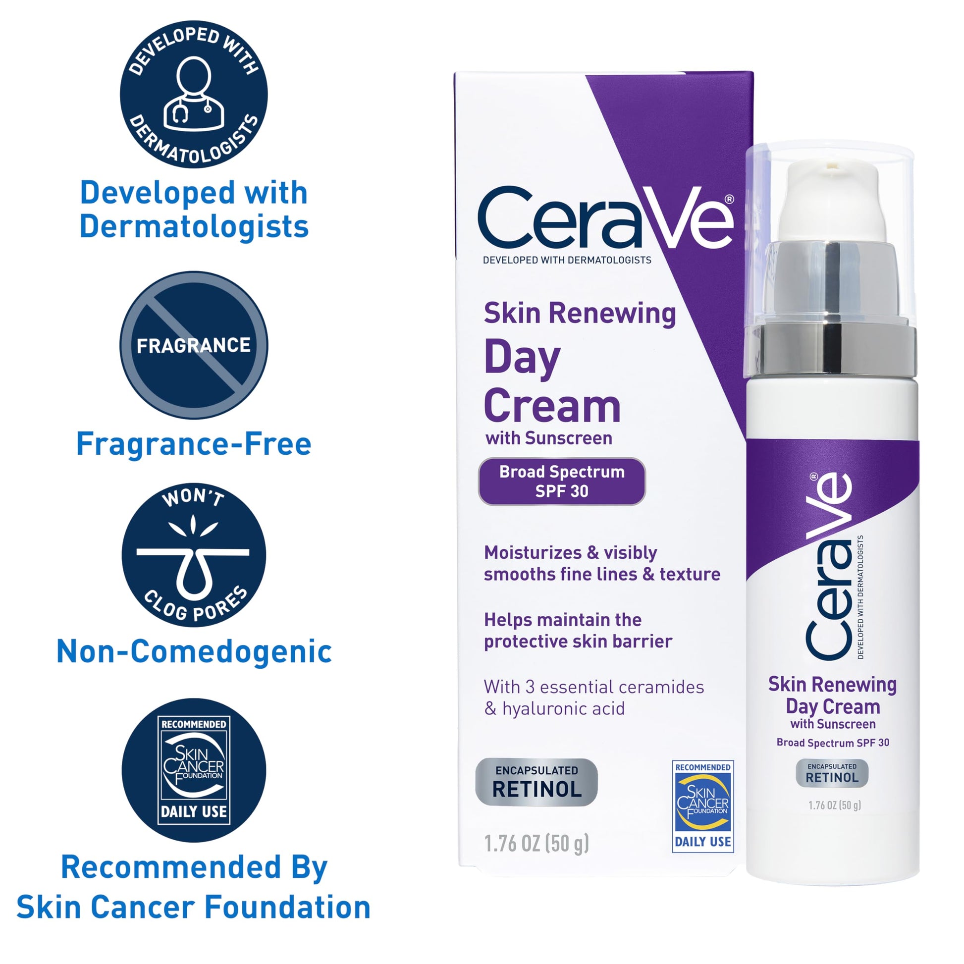 CeraVe - Crema facial antiedad con factor de protección solar 30, crema antiarrugas con retinol, ácido hialurónico y ceramidas, 50 ml