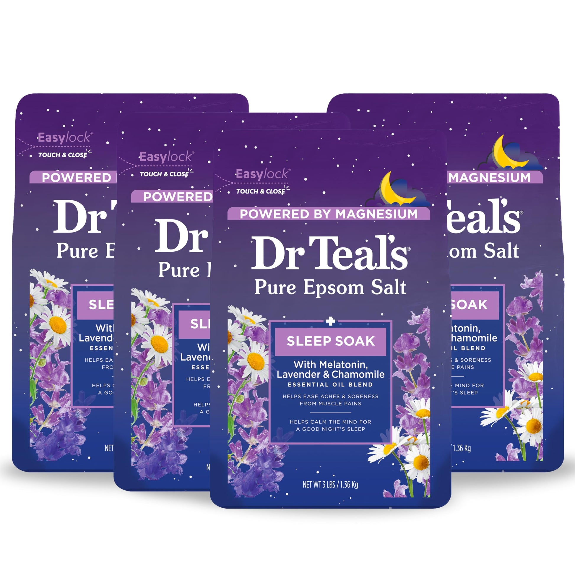 Dr Teal's - sal pura de Epsom Sleep Soak, melatonina y mezcla de aceites esenciales, 3 libras (paquete de 4)