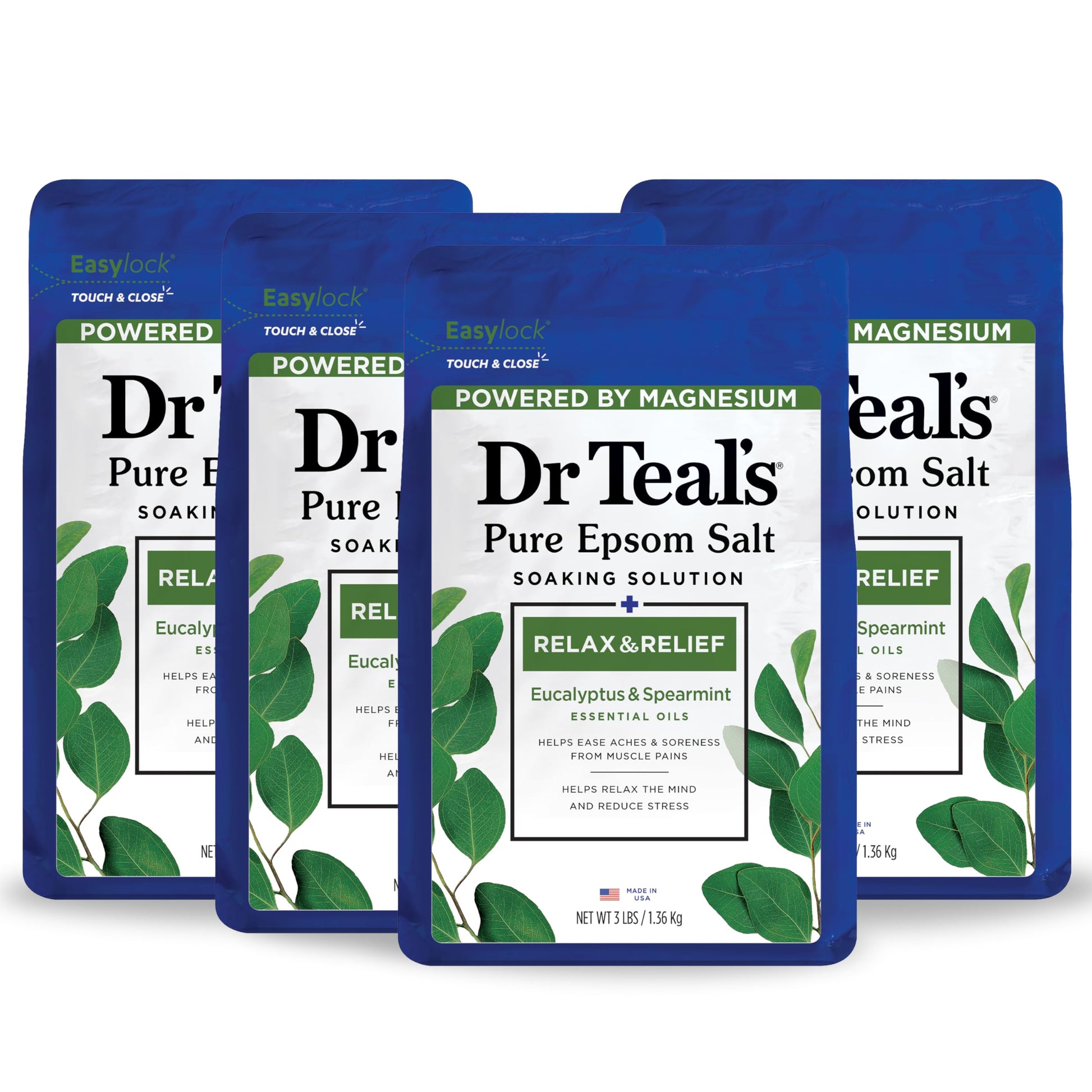 Dr Teal's - Sal de Epsom - Remojo, relajación y alivio con eucalipto y menta verde, 3 libras (paquete de 4)
