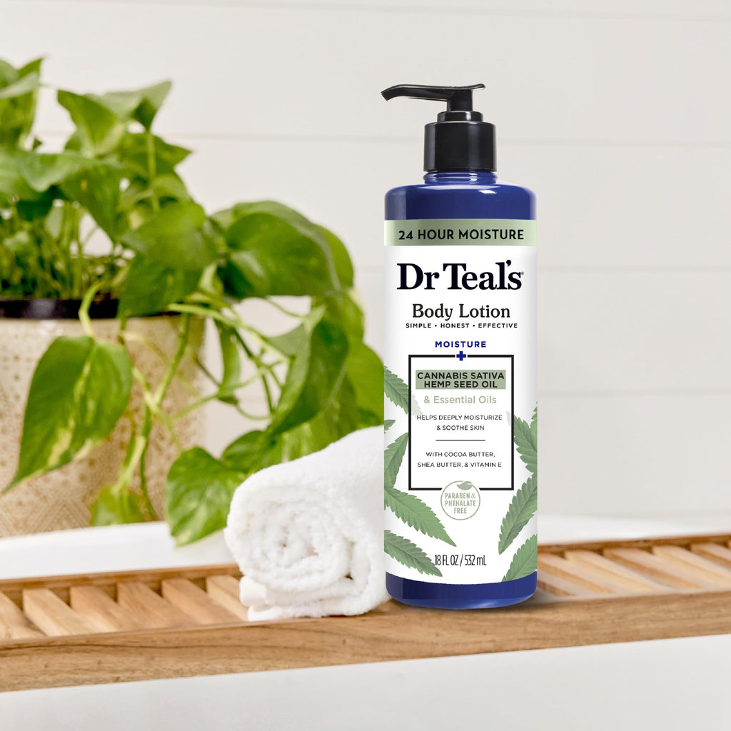 Dr Teal's - Loción corporal, aceite de semilla de cáñamo y aceites esenciales de cannabis sativa, 18 onzas (paquete de 3)