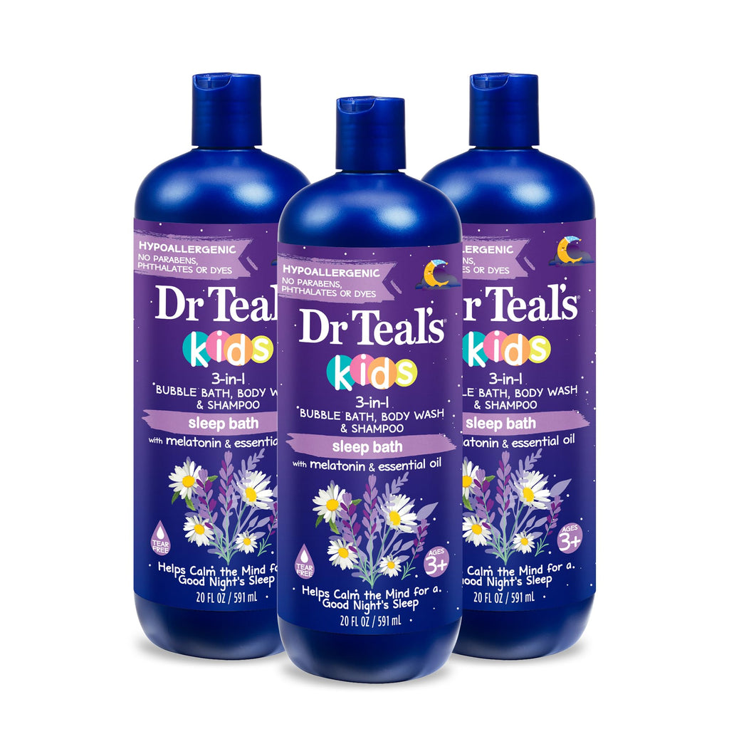Dr Teal's - Baño de sueño 3 en 1 para niños: baño de burbujas, gel de baño corporal y champú con melatonina y aceite esencial, 20 onzas líquidas (paquete de 3)