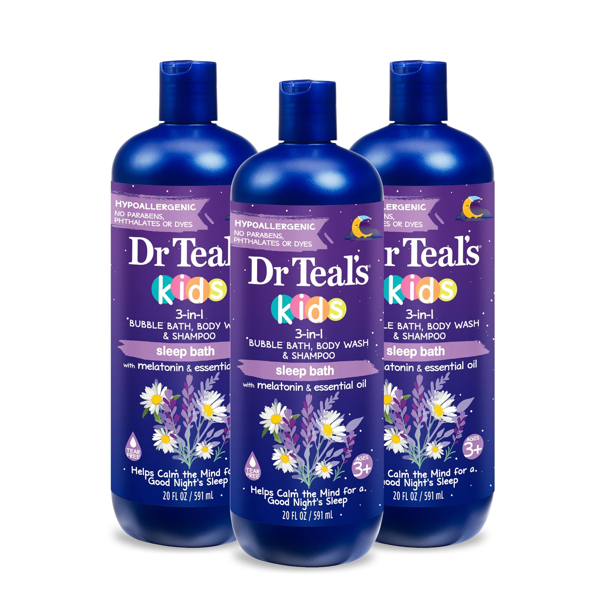 Dr Teal's - Baño de sueño 3 en 1 para niños: baño de burbujas, gel de baño corporal y champú con melatonina y aceite esencial, 20 onzas líquidas (paquete de 3)