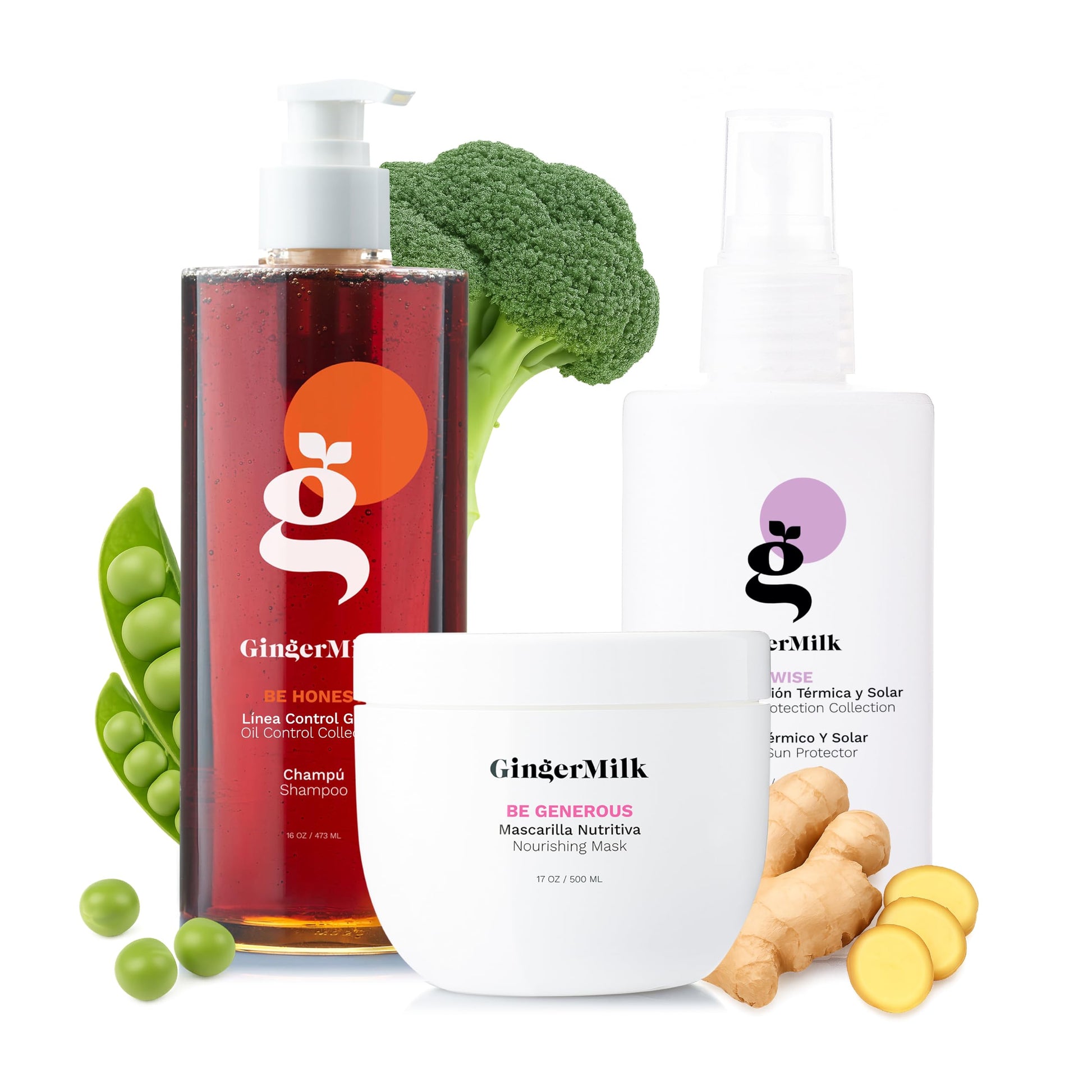 Ginger Milk - Kit de Nutrición para el Cuidado del Cabello. Fórmula a base de jengibre. Champú, Mascarilla Nutritiva Protección contra el calor y el sol. Libre de parabenos, sal, alcohol, sulfatos.