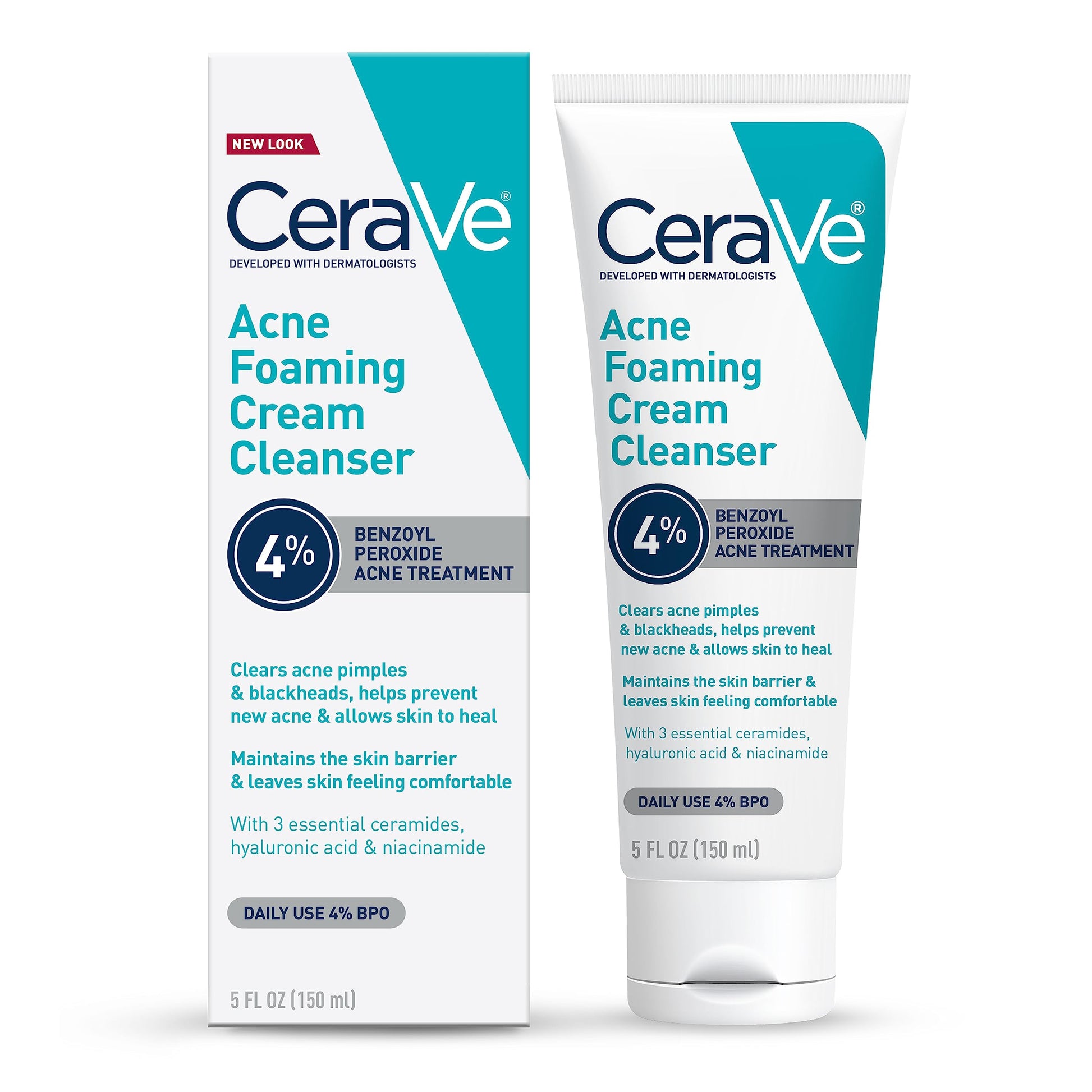 CeraVe - Limpiador en crema espumosa para el acné, lavado facial de peróxido de benzoilo al 4% con ácido hialurónico, niacinamida y ceramidas, tratamiento diario suave para el acné para la cara