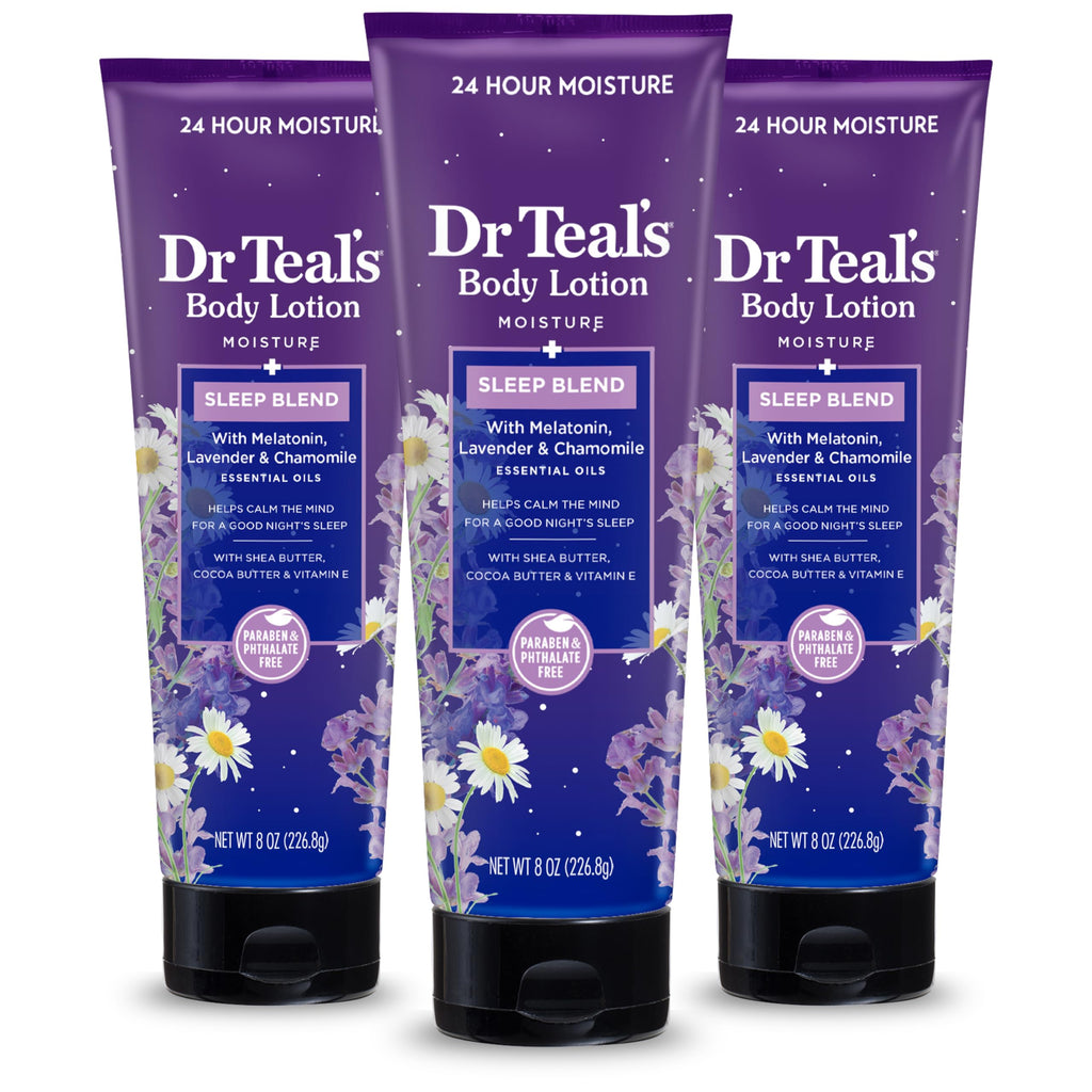 Dr Teal's - Loción corporal para dormir, 24 horas de hidratacion, con aceites esenciales de melatonina, lavanda y manzanilla, 8 onzas líquidas (paquete de 3)