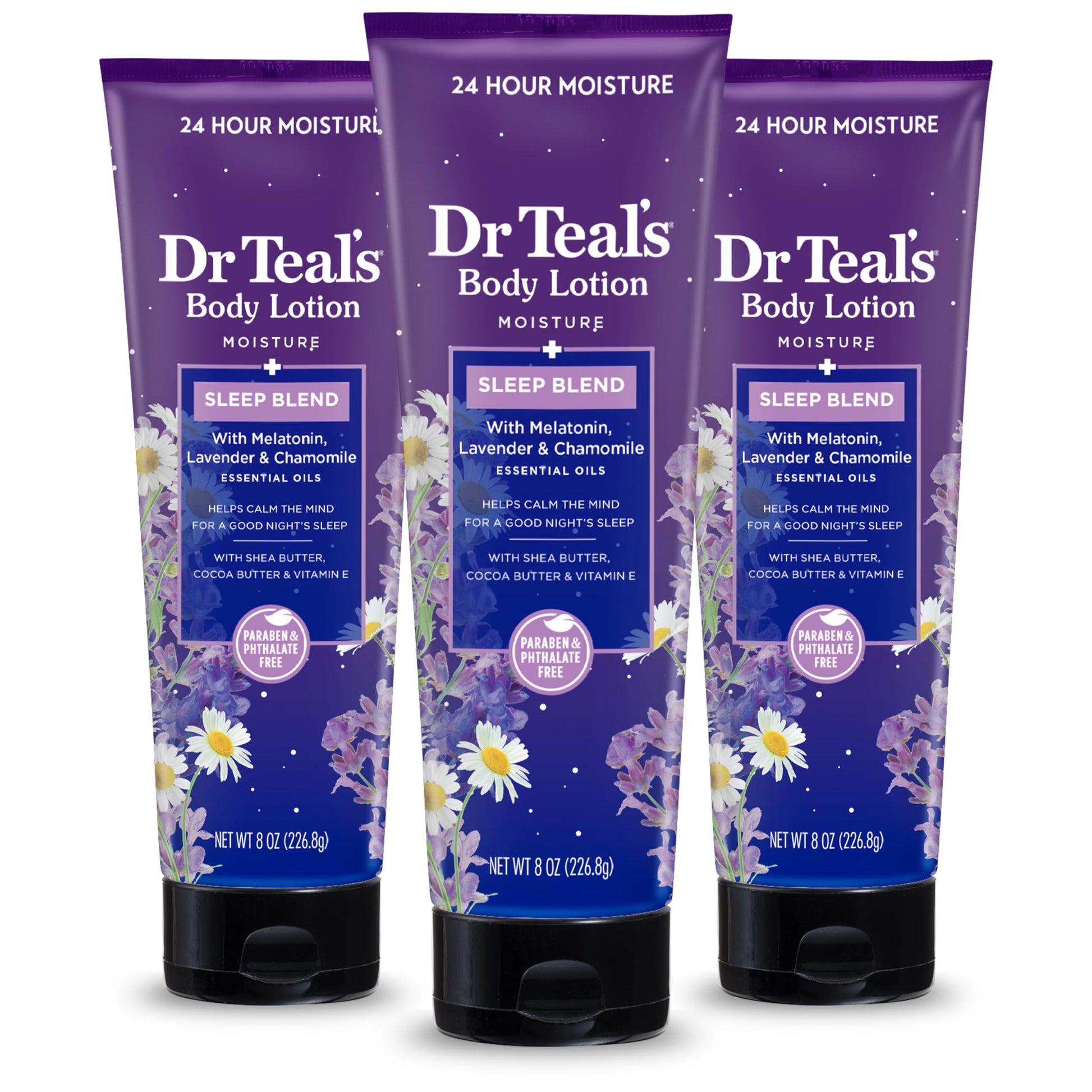 Dr Teal's - Loción corporal para dormir, 24 horas de hidratacion, con aceites esenciales de melatonina, lavanda y manzanilla, 8 onzas líquidas (paquete de 3)