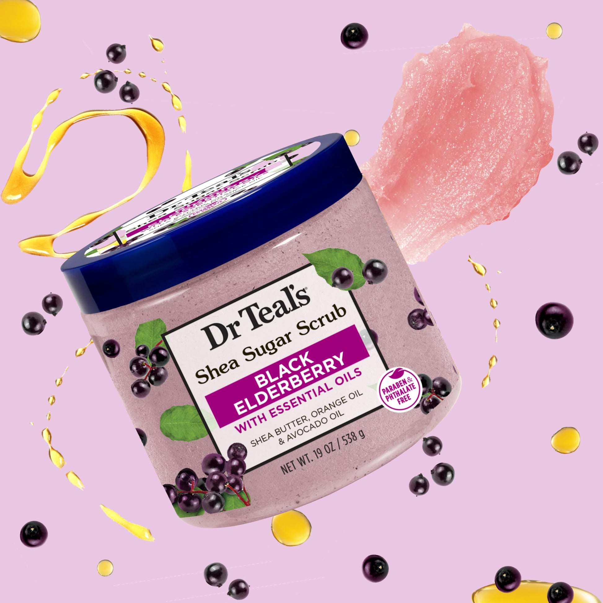 Dr Teal's - Exfoliante corporal de azúcar de karité, saúco negro con aceites esenciales, 19 onzas (paquete de 3)
