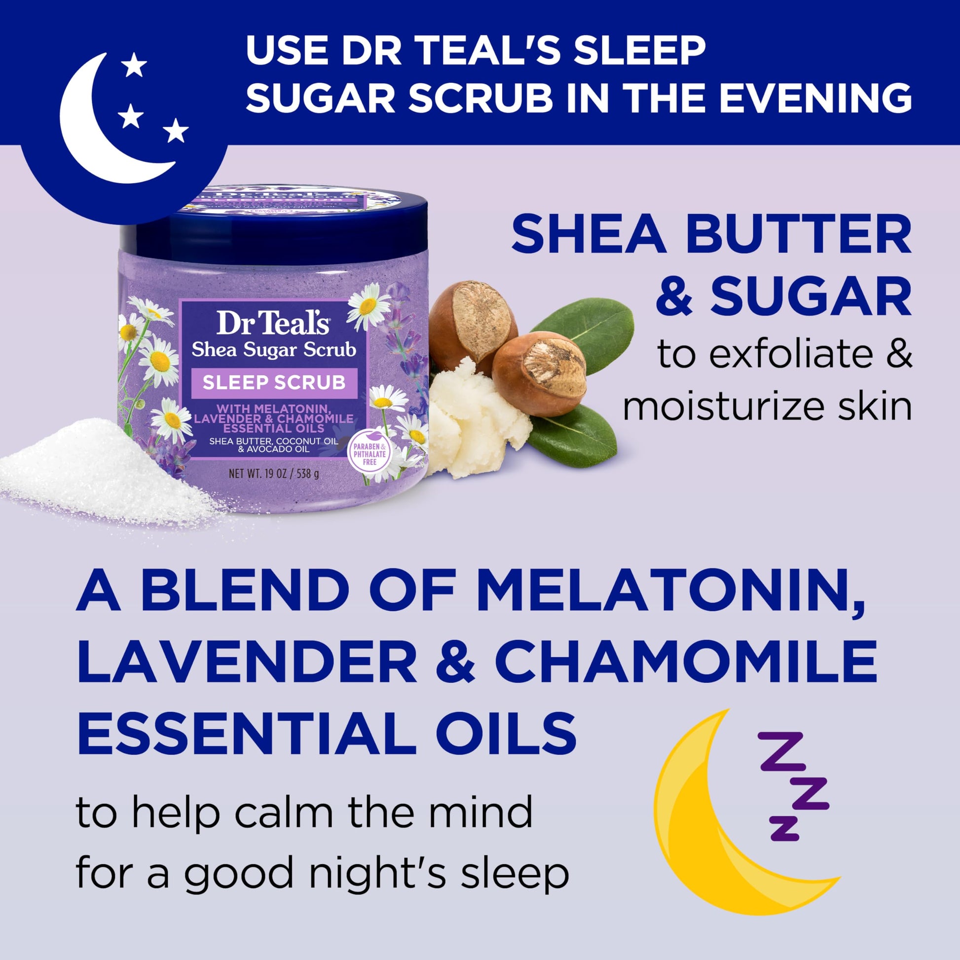 Dr Teal's - Exfoliante corporal de azúcar de karité, diurno/noche con vitamina C y mezcla para dormir, 19 onzas (paquete de 2)