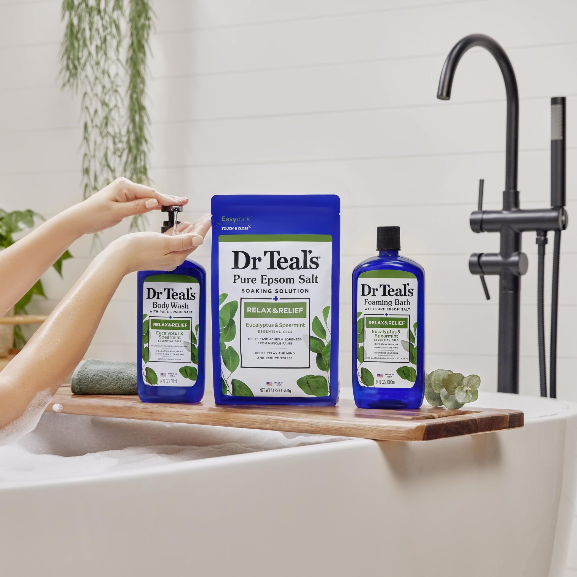 Dr Teal's - Gel de baño con sal pura de Epsom, relajación y alivio con eucalipto y menta verde, 24 onzas líquidas (paquete de 2)