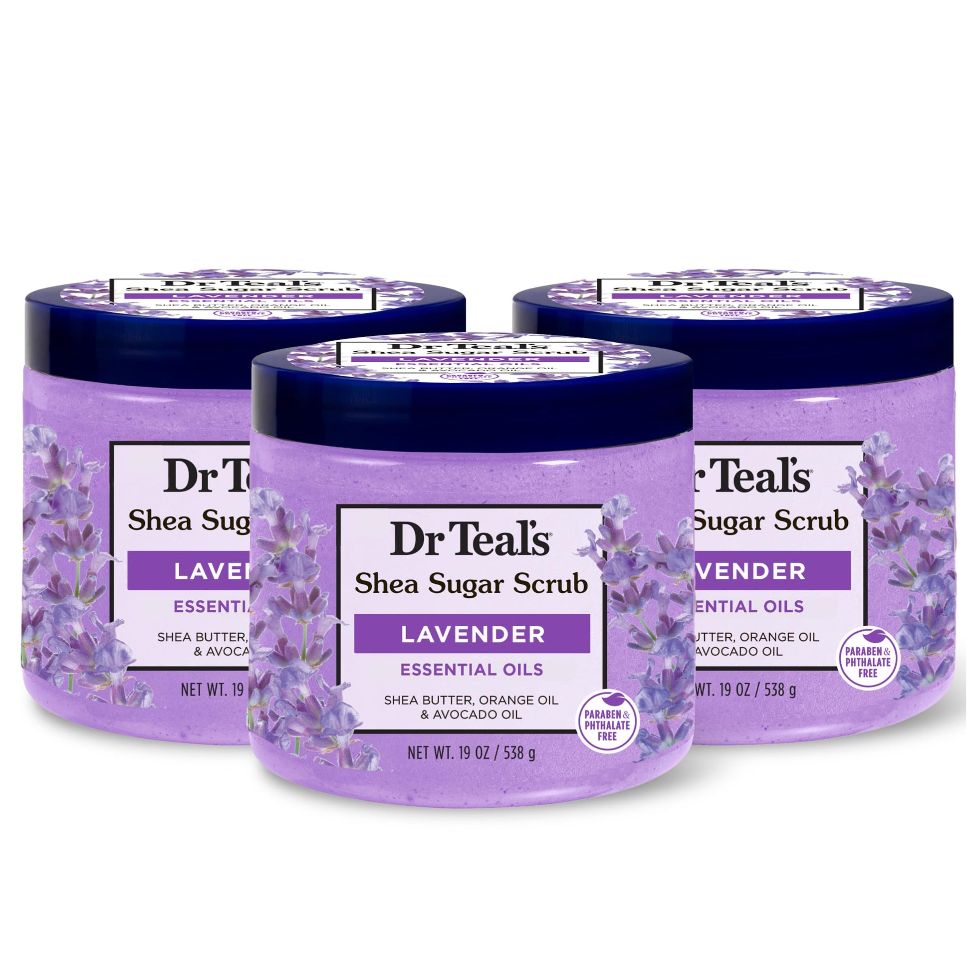 Dr Teal's - Exfoliante de azúcar de karité, aceites esenciales de lavanda, 19 onzas (paquete de 3)