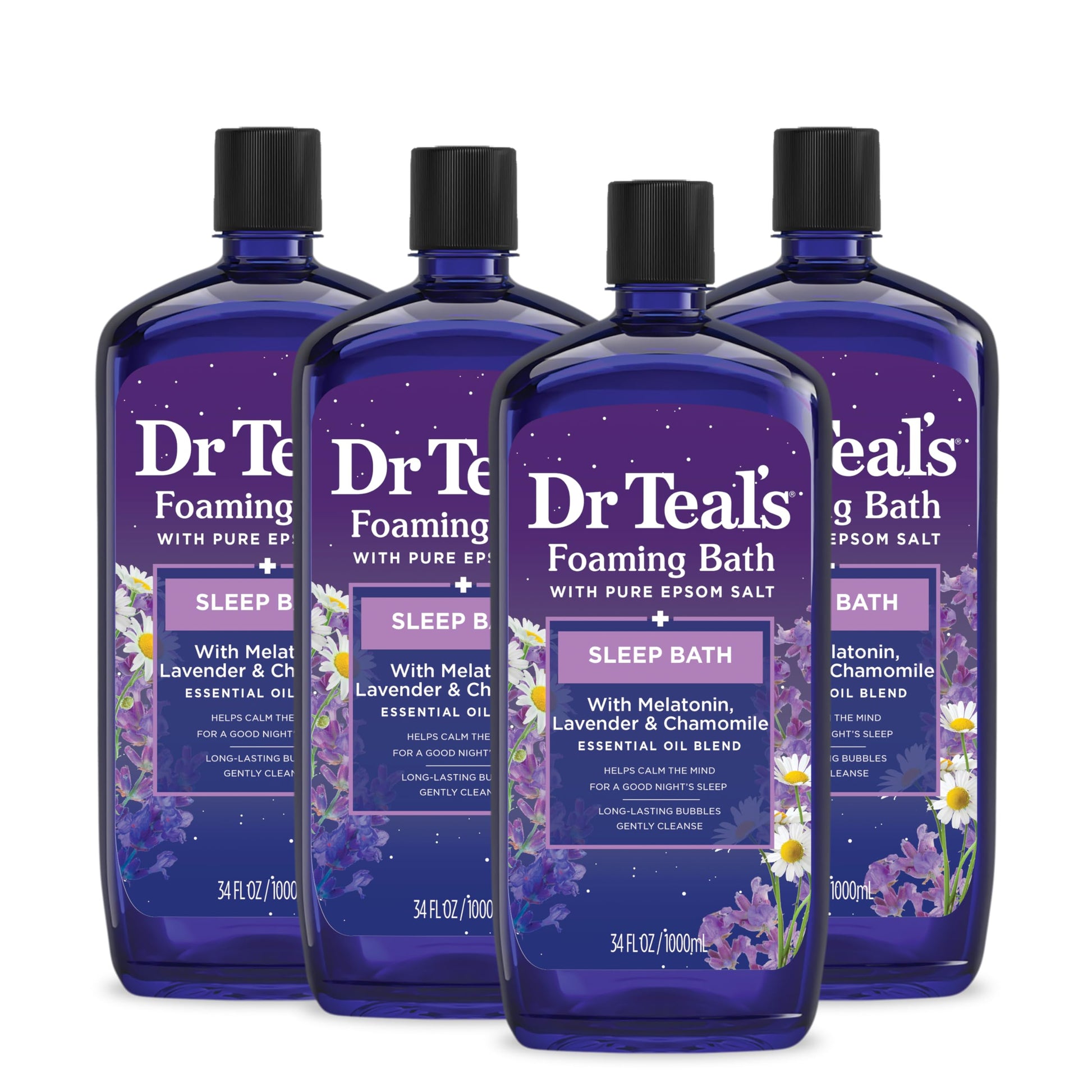 Dr Teal's - Baño espumoso con sal pura de Epsom, mezcla para dormir con aceites esenciales de melatonina, lavanda y manzanilla, 34 onzas líquidas (paquete de 4)
