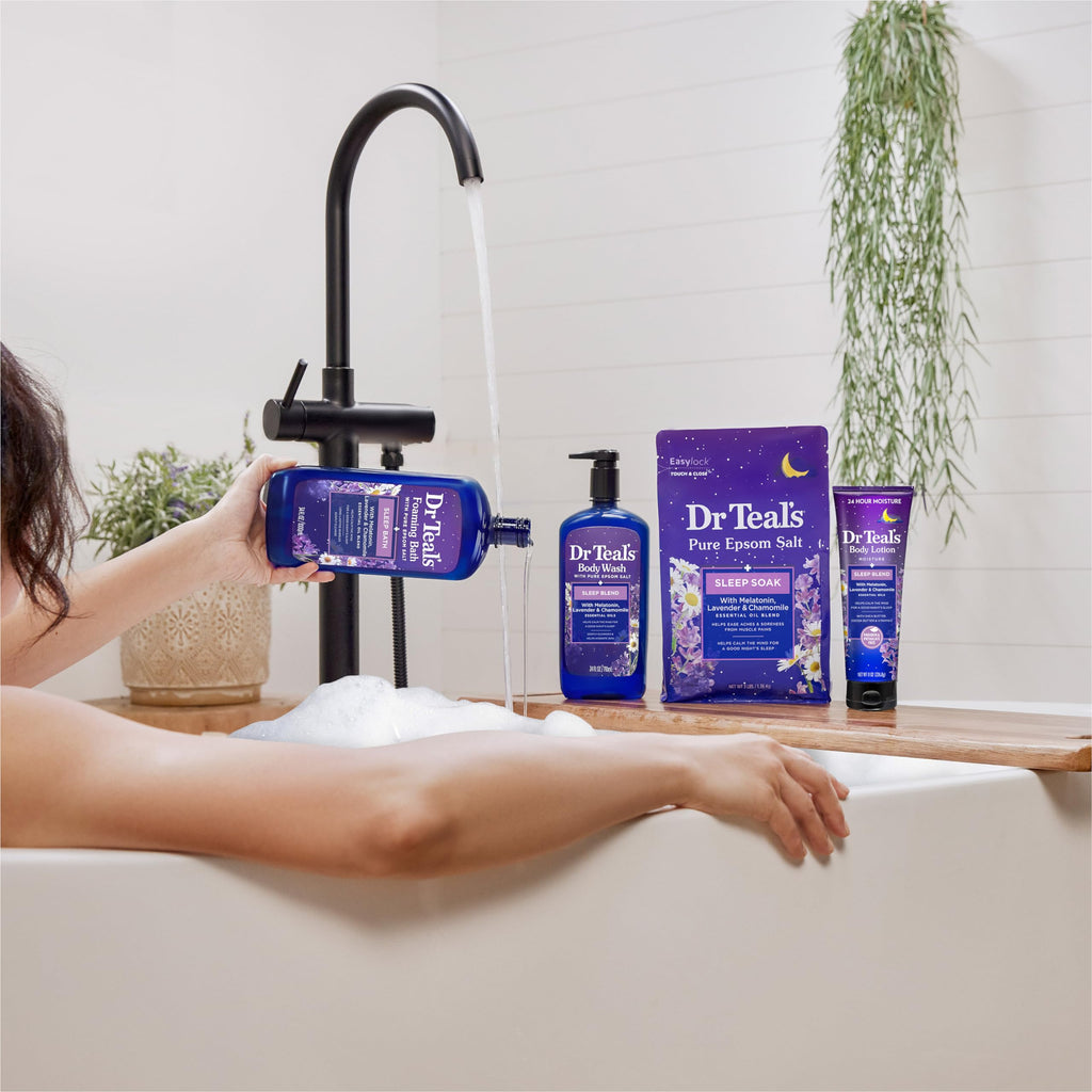 Dr Teal's - Baño espumoso con sal pura de Epsom, mezcla para dormir con aceites esenciales de melatonina, lavanda y manzanilla, 34 onzas líquidas (paquete de 2)