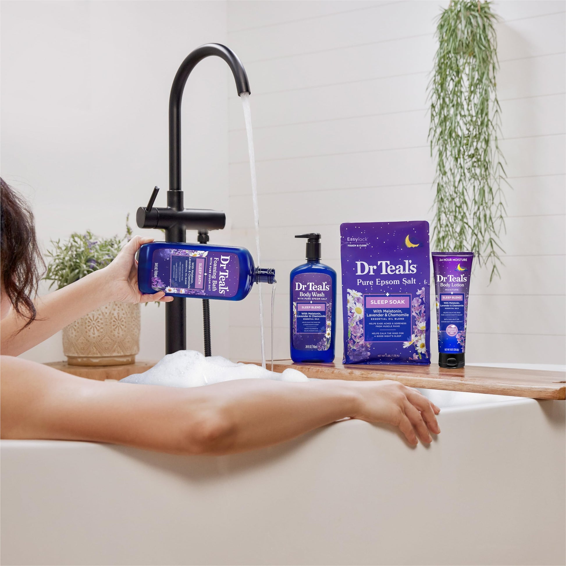 Dr Teal's - Baño espumoso con sal pura de Epsom, mezcla para dormir con aceites esenciales de melatonina, lavanda y manzanilla, 34 onzas líquidas (paquete de 2)