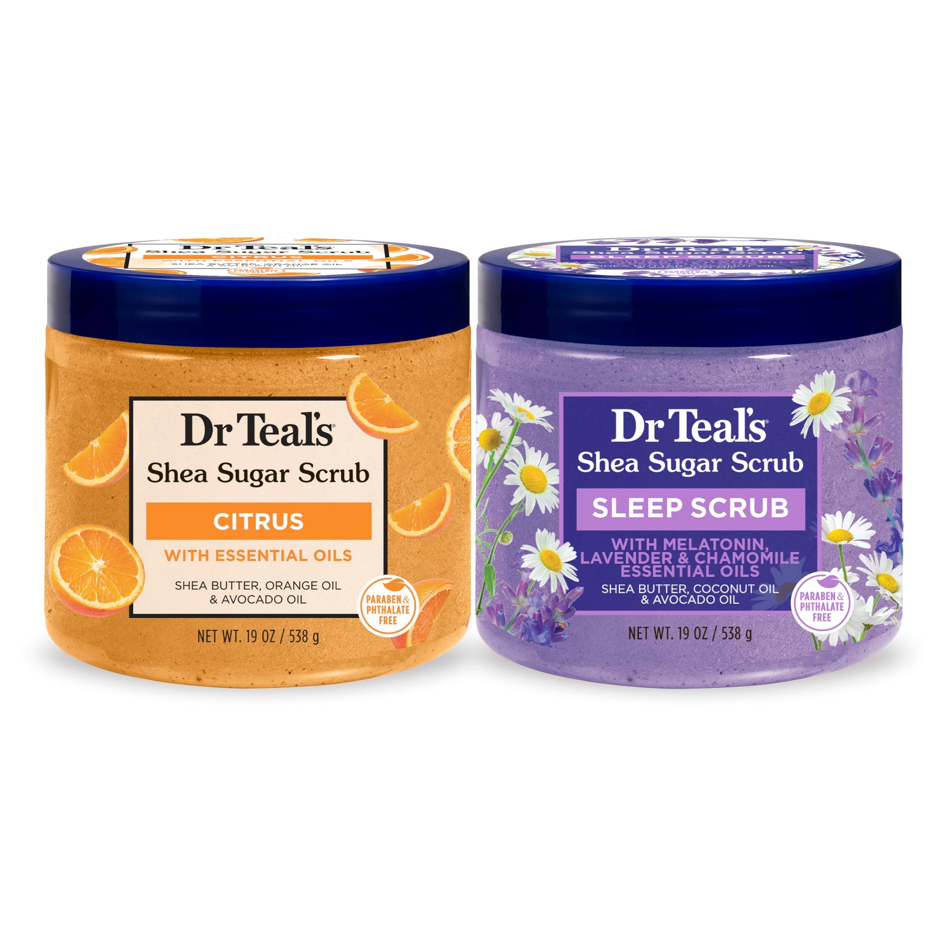 Dr Teal's - Exfoliante corporal de azúcar de karité, diurno/noche con vitamina C y mezcla para dormir, 19 onzas (paquete de 2)