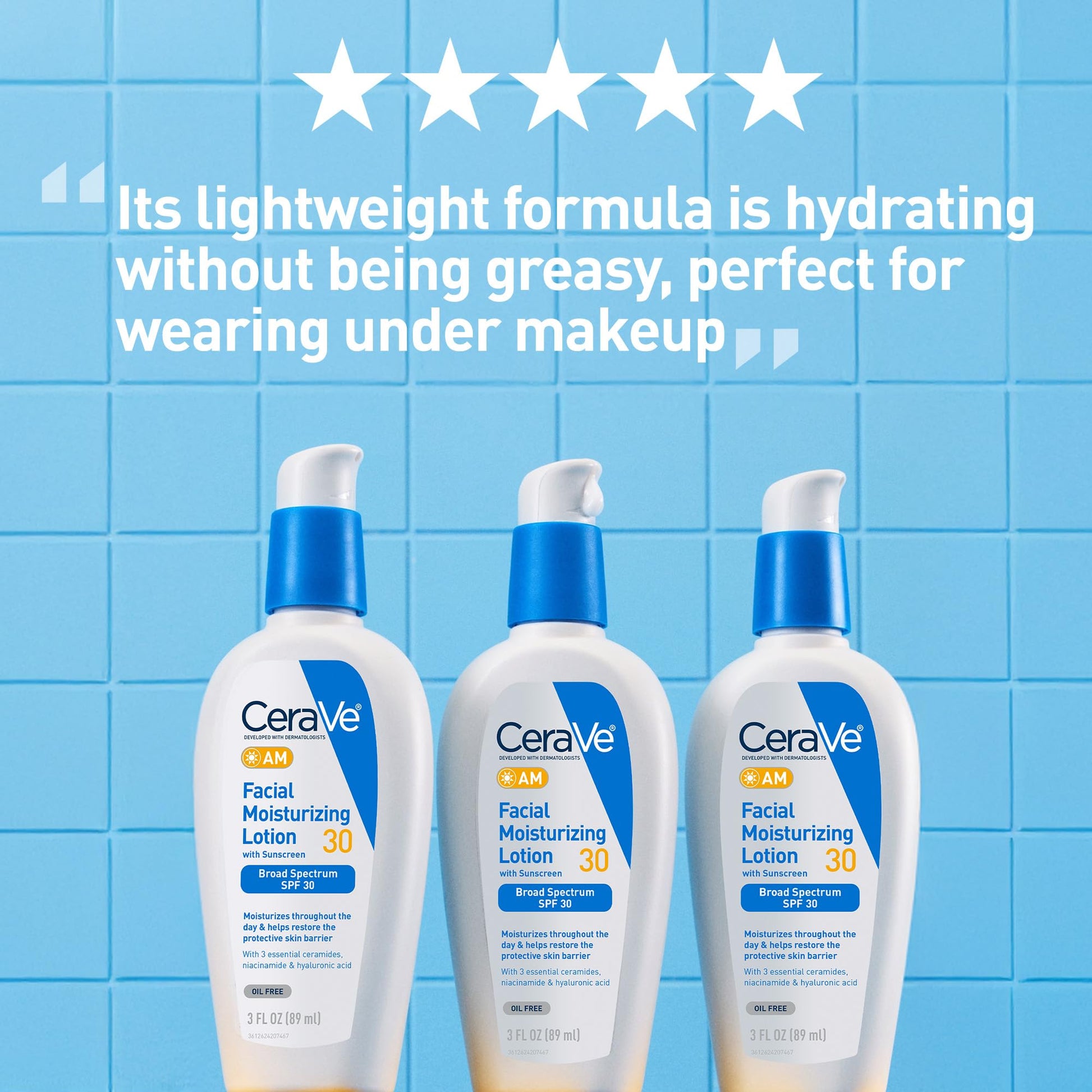 CeraVe - AM Loción hidratante facial con SPF 30, hidratante facial sin aceite con SPF, formulado con ácido hialurónico, niacinamida y ceramidas, no comedogénico, protector solar de amplio espectro