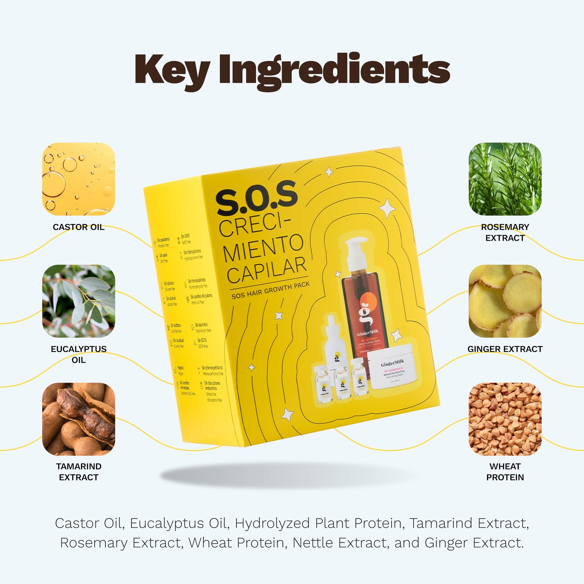 GINGER MILK - SOS Kit de crecimiento del cabello con biotina y jengibre, juego de cuidado del cabello vegano con suero de crecimiento, champú, mascarilla nutritiva y ampolla. Fórmula natural que