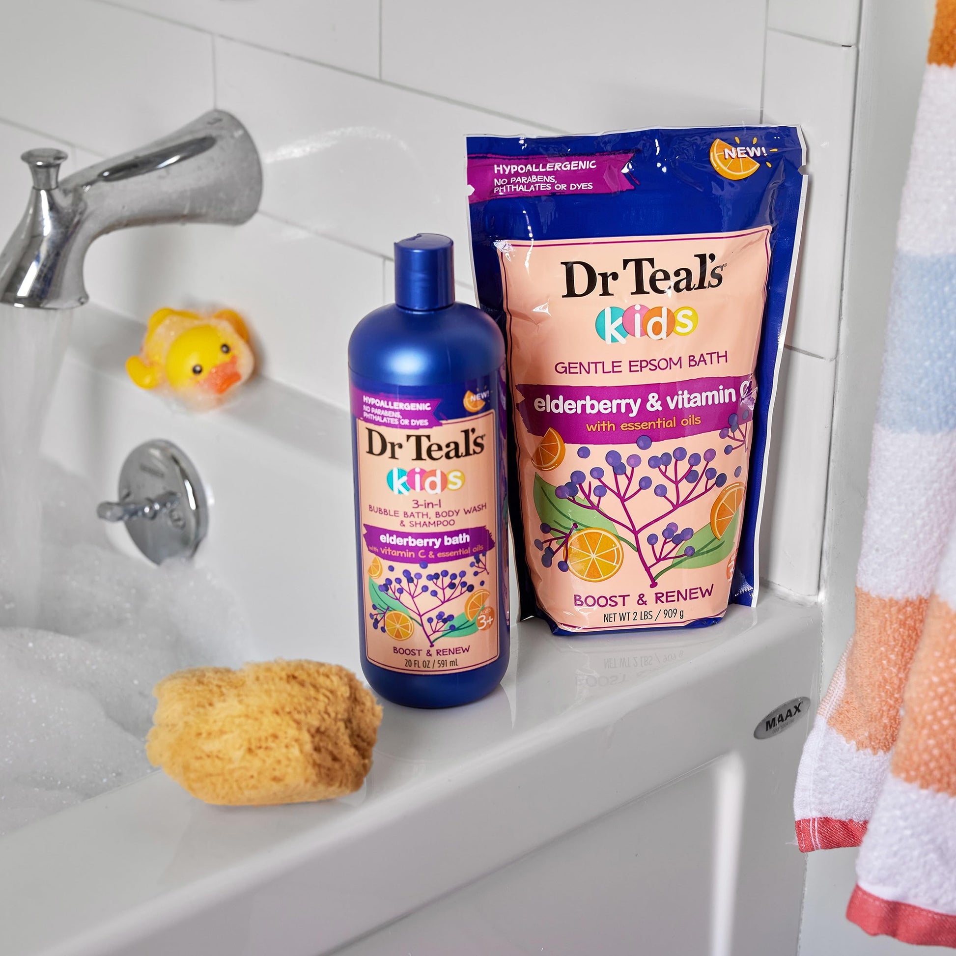 Dr Teal's - Baño de burbujas 3 en 1 para niños, gel de baño corporal y champú, Boost & Renovar saúco con vitamina C, 20 onzas líquidas (paquete de 3)