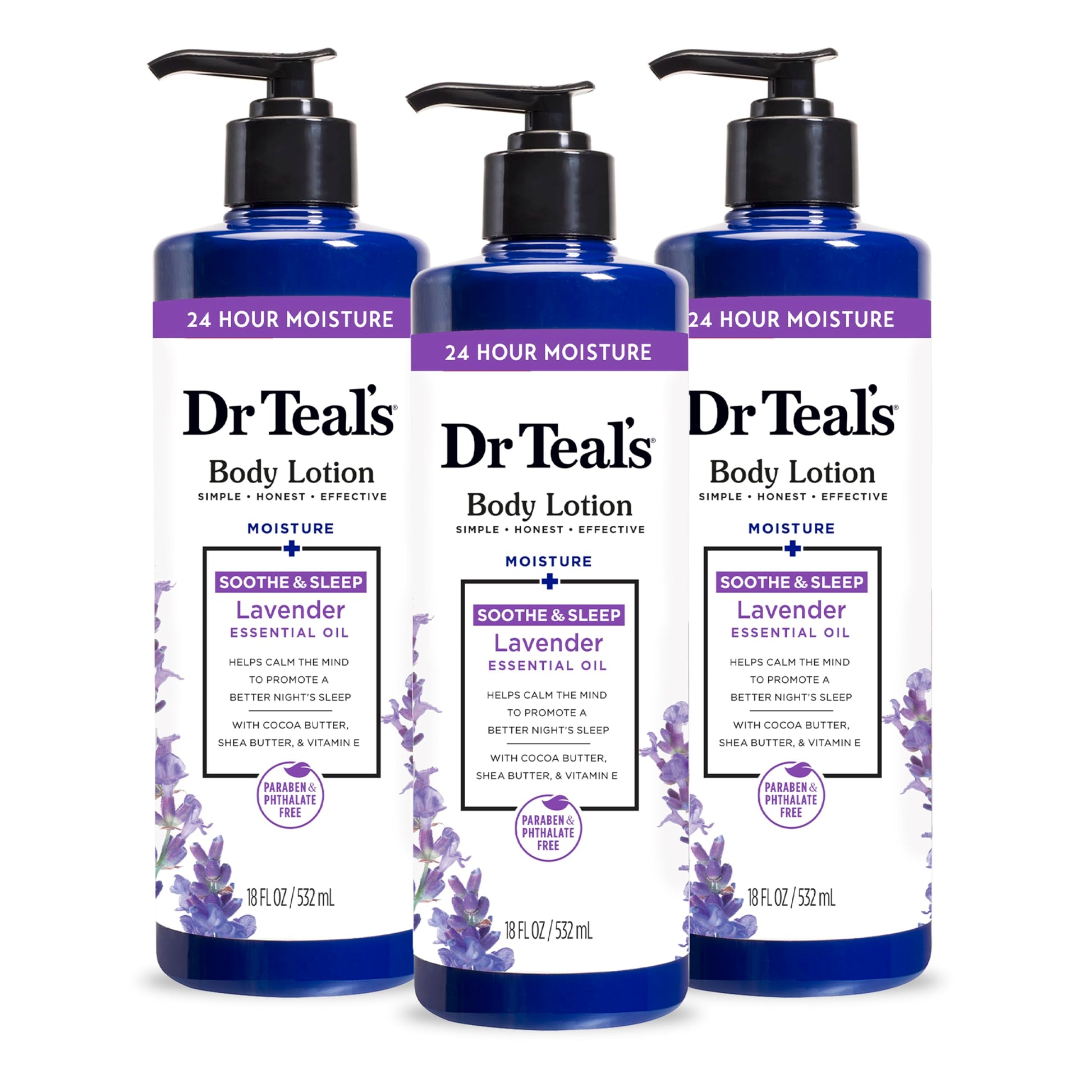 Dr Teal's - Loción corporal + 24 Horas de hidratacion, aceite esencial de lavanda, 18 onzas líquidas (paquete de 3)
