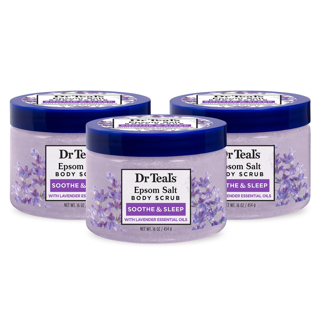 Dr Teal's - Exfoliante corporal de sal pura de Epsom, calma y duerme con aceites esenciales de lavanda, 16 onzas (paquete de 3)