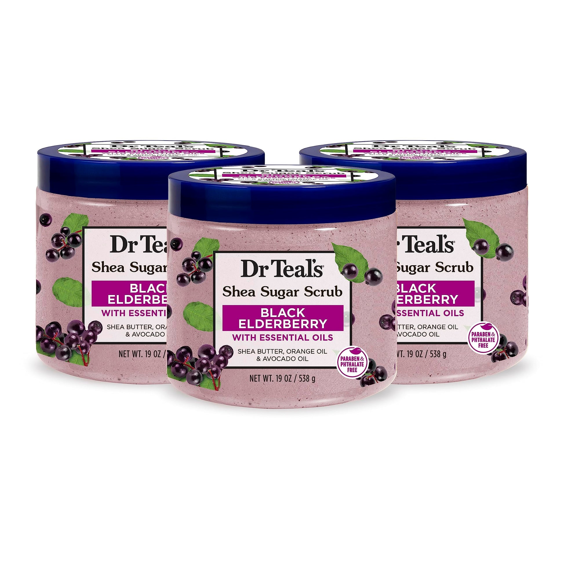 Dr Teal's - Exfoliante corporal de azúcar de karité, saúco negro con aceites esenciales, 19 onzas (paquete de 3)