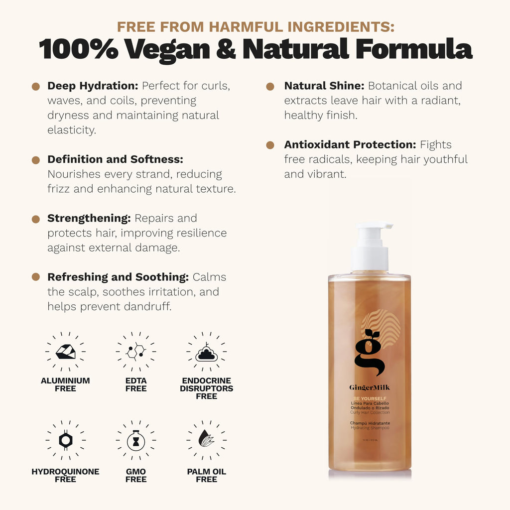 Ginger Milk - Shampoo hidratante para cabello rizado, ondulado y enroscado, fórmula nutritiva para rizos definidos, control del encrespamiento y brillo, sin sulfato, sé tú mismo, 16 onzas