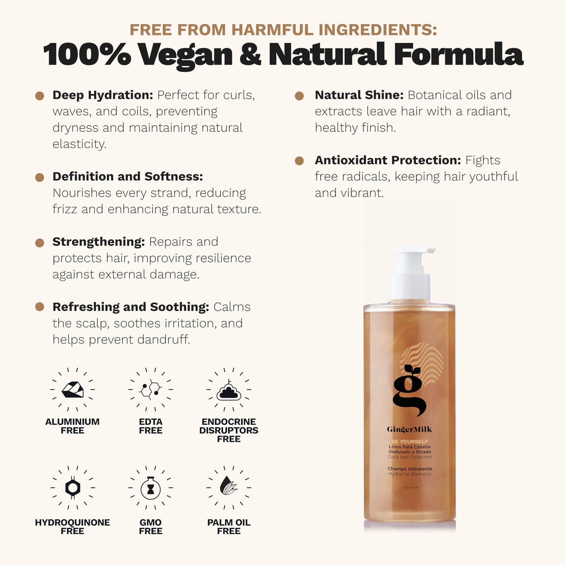 Ginger Milk - Shampoo hidratante para cabello rizado, ondulado y enroscado, fórmula nutritiva para rizos definidos, control del encrespamiento y brillo, sin sulfato, sé tú mismo, 16 onzas