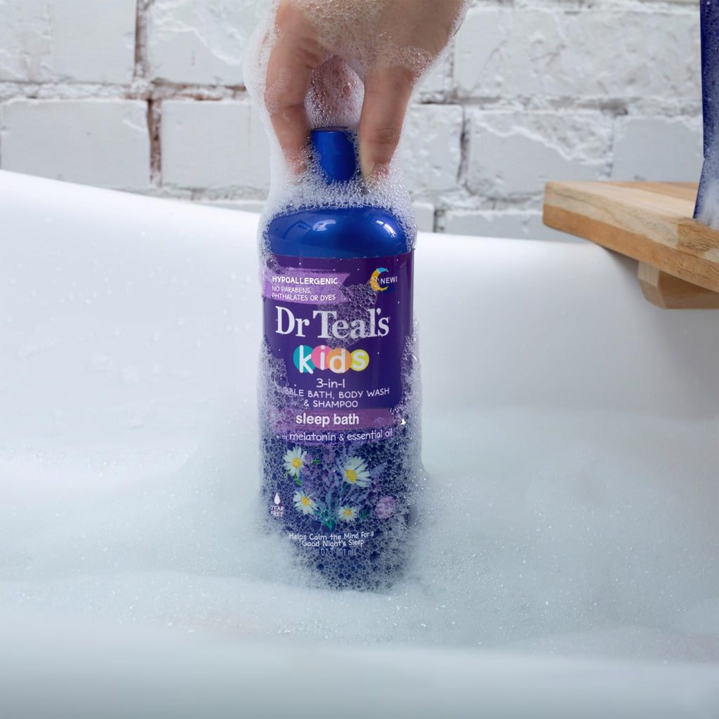 Dr Teal's - Baño de sueño 3 en 1 para niños: baño de burbujas, gel de baño corporal y champú con melatonina y aceite esencial, 20 onzas líquidas (paquete de 3)
