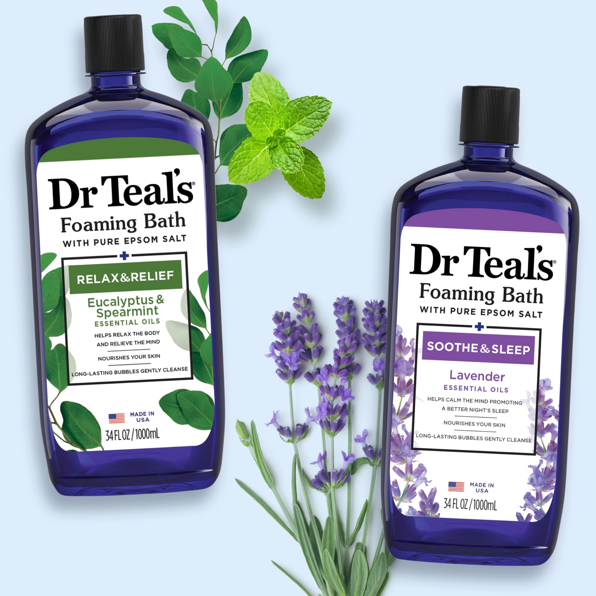 Dr Teal's - Baño espumoso con sal pura de Epsom, lavanda y eucalipto, 2 unidades, 68 onzas líquidas en total