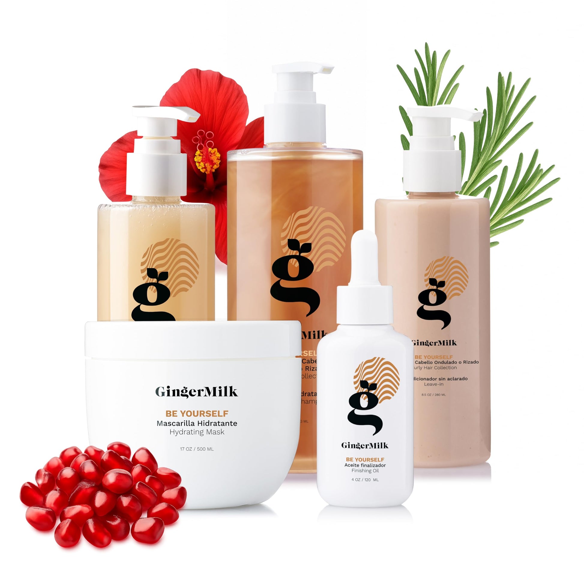 Ginger Milk - Set de cuidado del cabello rizado Be Yourself – Champú, máscara, enjuague, gel definidor de rizos y aceite de acabado – Hidrata, define y brilla para cabello rizado – Control del encrespamiento