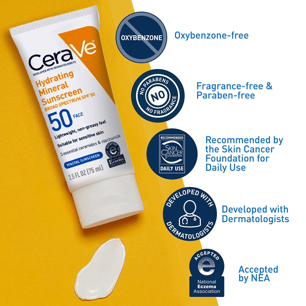 CeraVe - Protector solar 100 % mineral FPS 50, protector solar facial con óxido de zinc y dióxido de titanio, ácido hialurónico, niacinamida y ceramidas, sin aceite, tamaño de viaje de 2.5 oz.