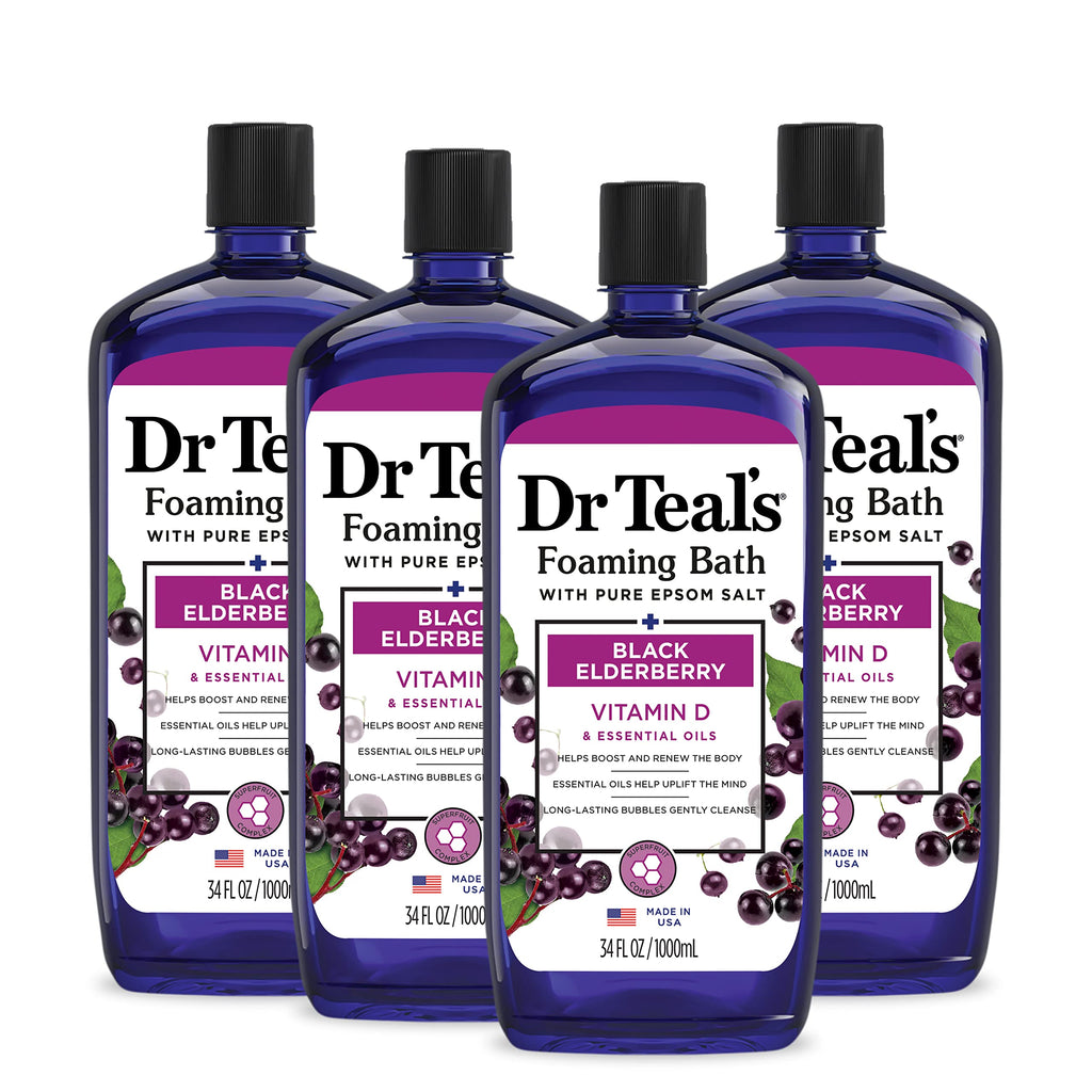 Dr Teal's - Baño espumoso con sal pura de Epsom, saúco negro con vitamina D, 34 onzas líquidas (paquete de 4)