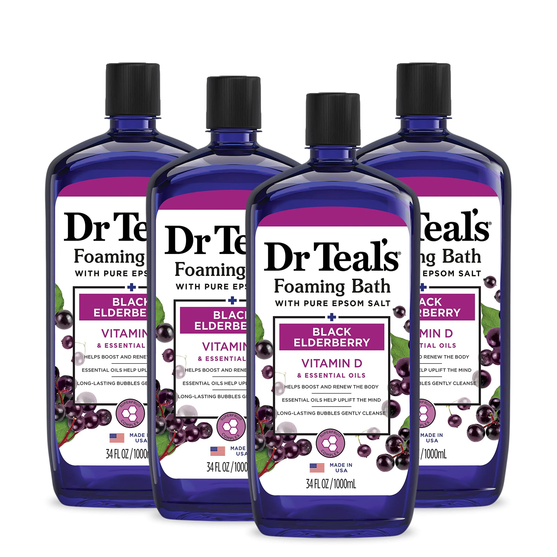 Dr Teal's - Baño espumoso con sal pura de Epsom, saúco negro con vitamina D, 34 onzas líquidas (paquete de 4)