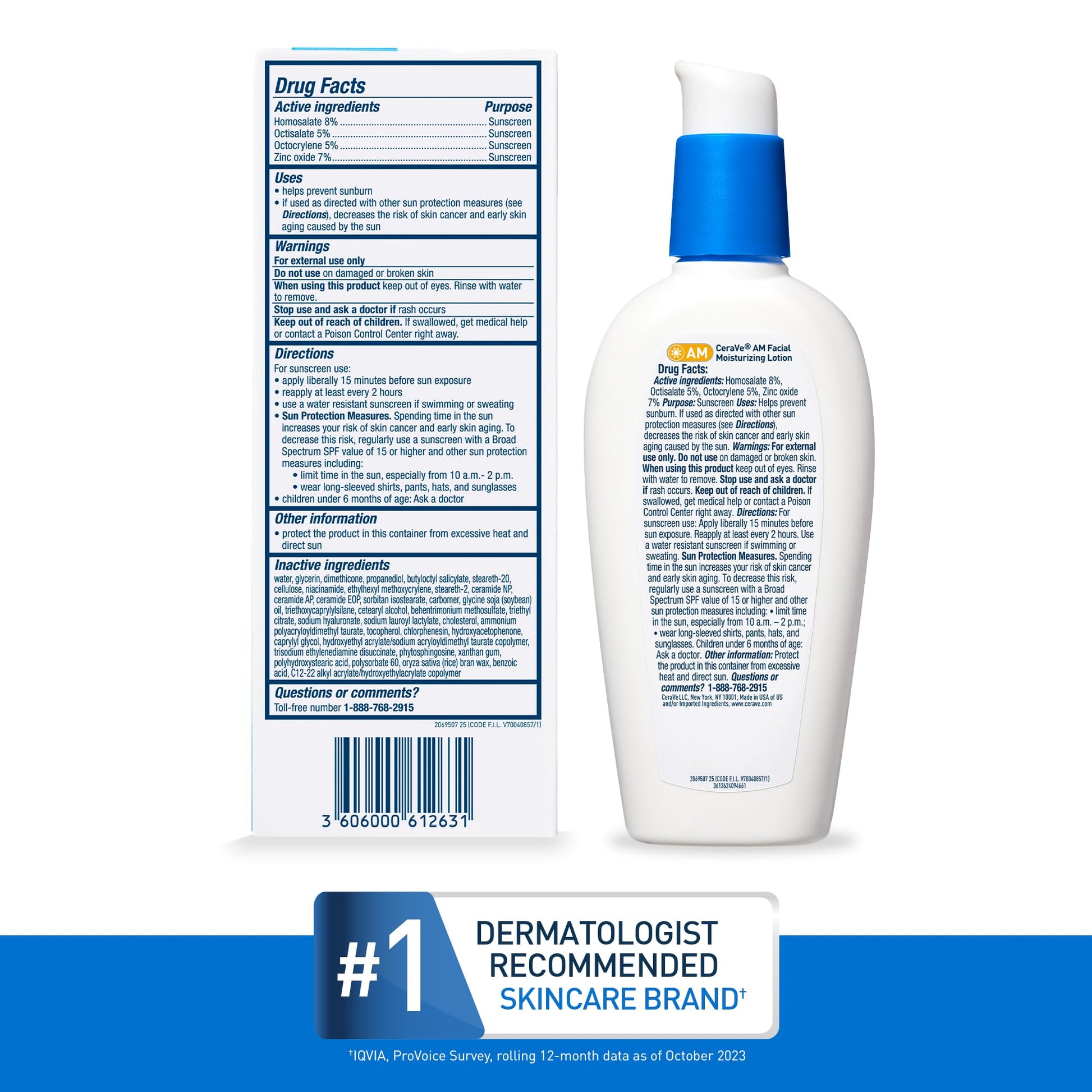 CeraVe - AM Loción hidratante facial SPF 50, hidratante facial con SPF, ácido hialurónico, niacinamida y ceramidas, no grasosa, se mezcla perfectamente sin manchas blancas, protector solar no comedogénico, 3 Oz