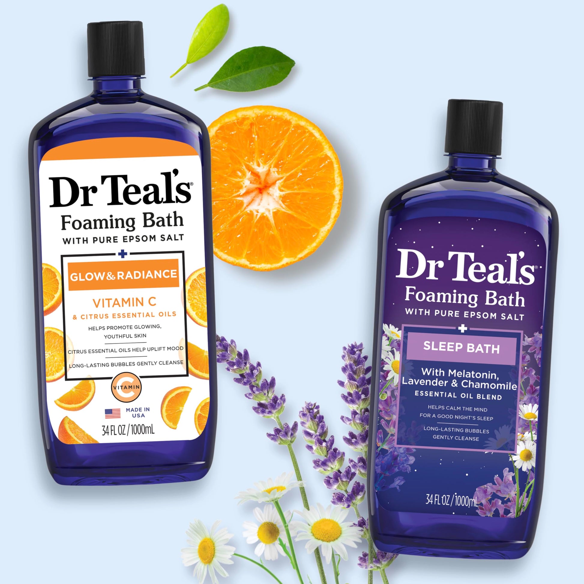 Dr Teal's - Baño espumoso con sal pura de Epsom, vitamina C y mezcla para dormir, 34 onzas líquidas (paquete de 2)