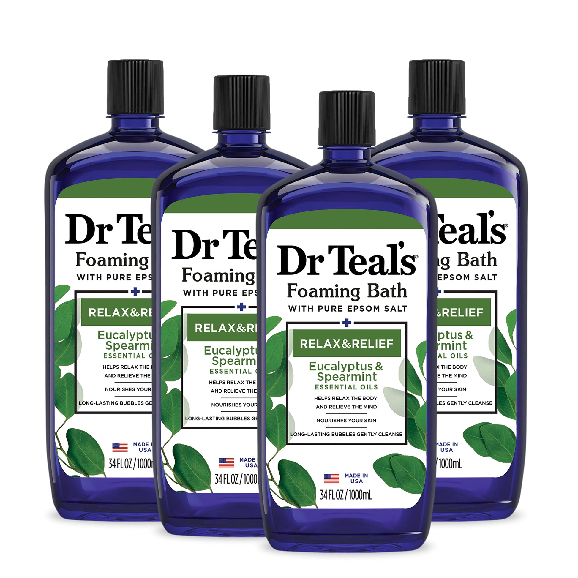 Dr Teal's - Baño espumoso con sal pura de Epsom, relajación y alivio con eucalipto y menta verde, 34 onzas líquidas (paquete de 4)