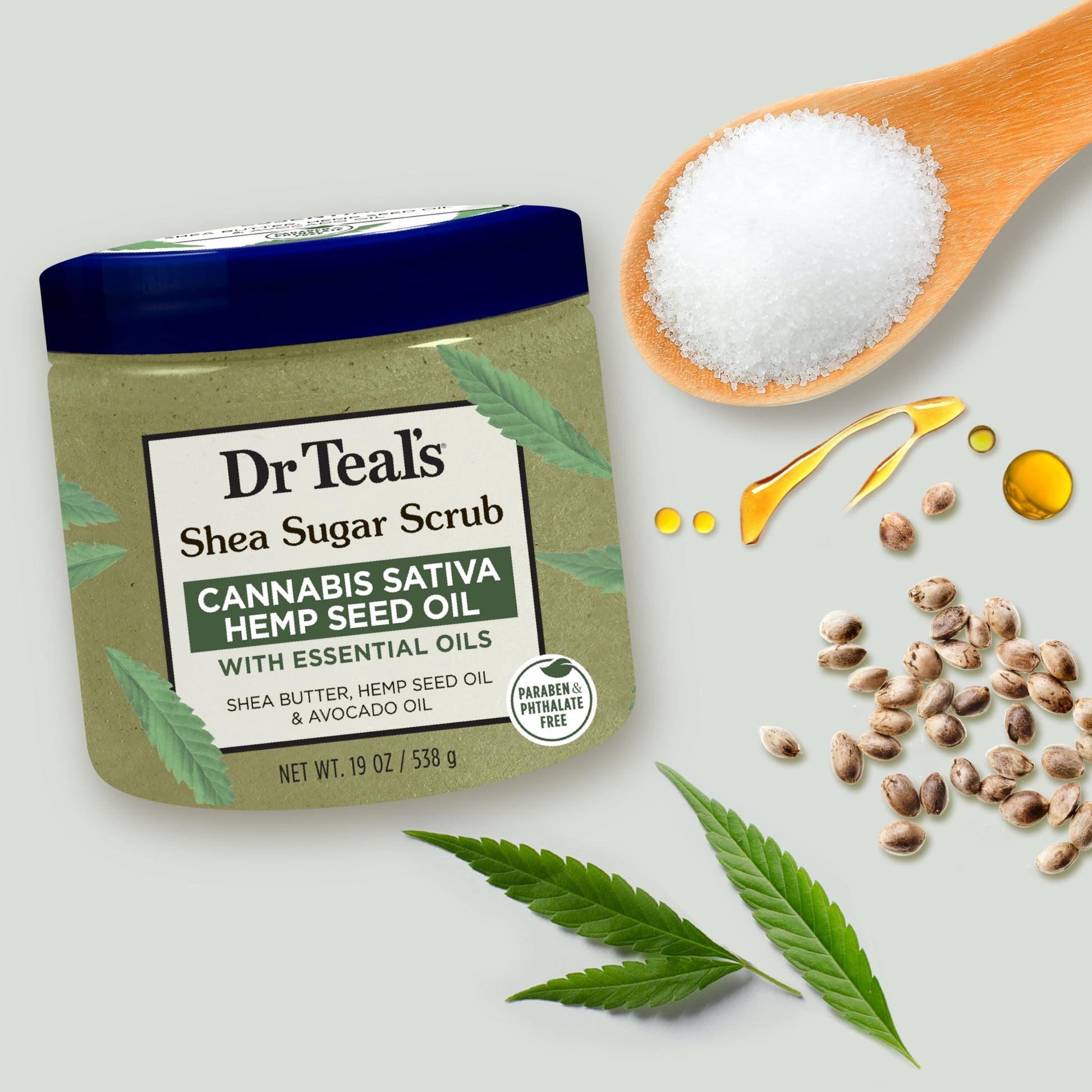 Dr Teal's - Exfoliante corporal de azúcar de karité, aceite de semilla de cáñamo de cannabis sativa con aceites esenciales, 19 onzas (paquete de 3)