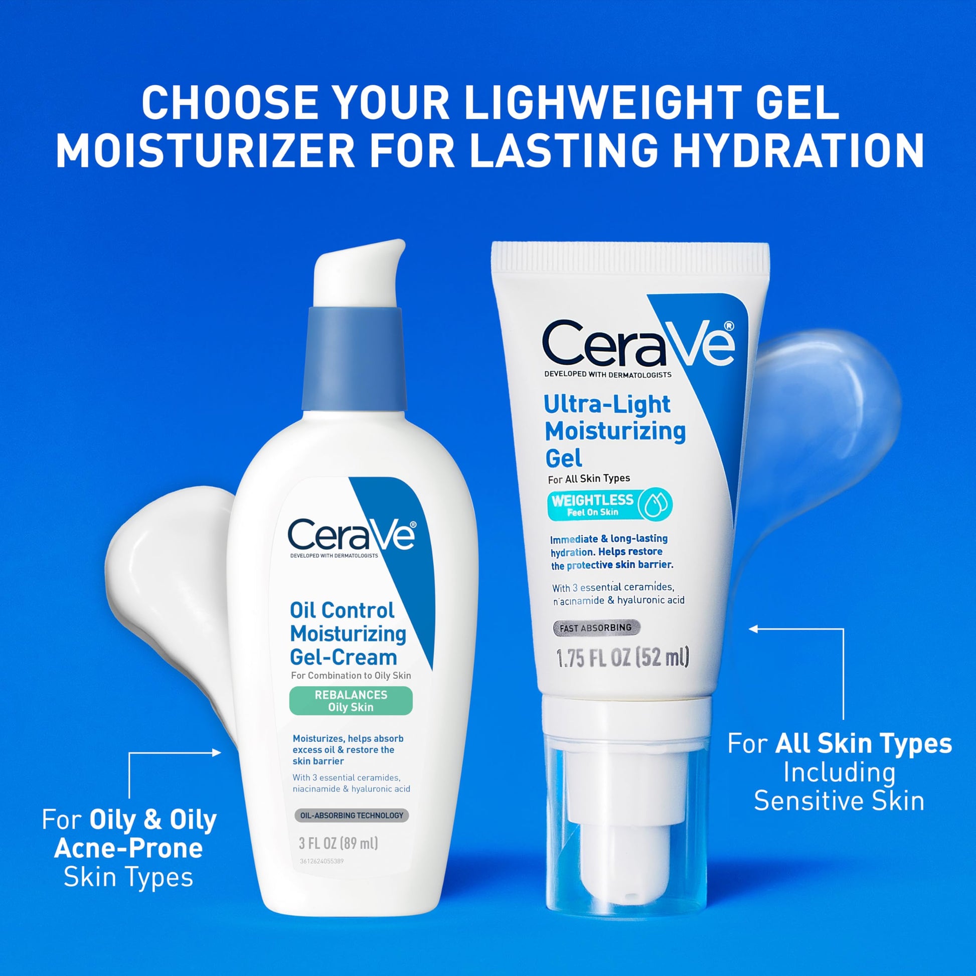 CeraVe - Gel hidratante ultraligero, gel hidratante facial para hombres y mujeres con ceramidas, niacinamida, ácido hialurónico, sin fragancia, sin aceite, hidratante matificante, 1.75 onzas líquidas