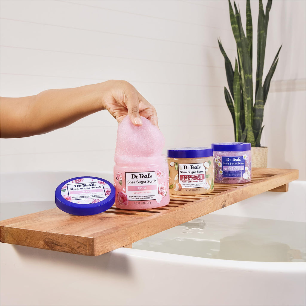 Dr Teal's - Exfoliante para dormir con azúcar de karité, con melatonina, lavanda y aceites esenciales, 19 onzas (paquete de 3)