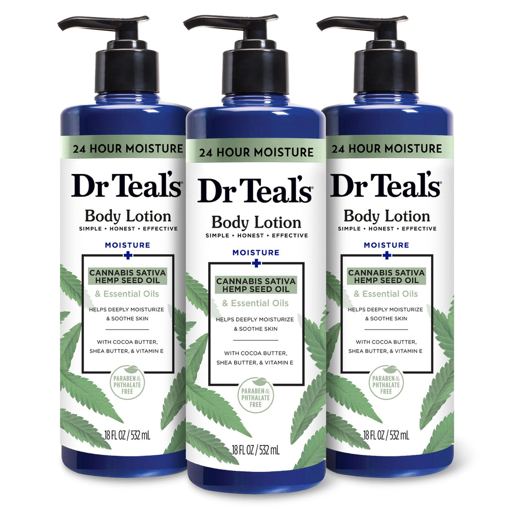 Dr Teal's - Loción corporal, aceite de semilla de cáñamo y aceites esenciales de cannabis sativa, 18 onzas (paquete de 3)
