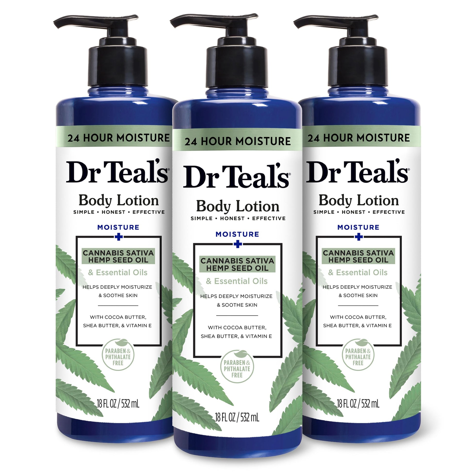 Dr Teal's - Loción corporal, aceite de semilla de cáñamo y aceites esenciales de cannabis sativa, 18 onzas (paquete de 3)