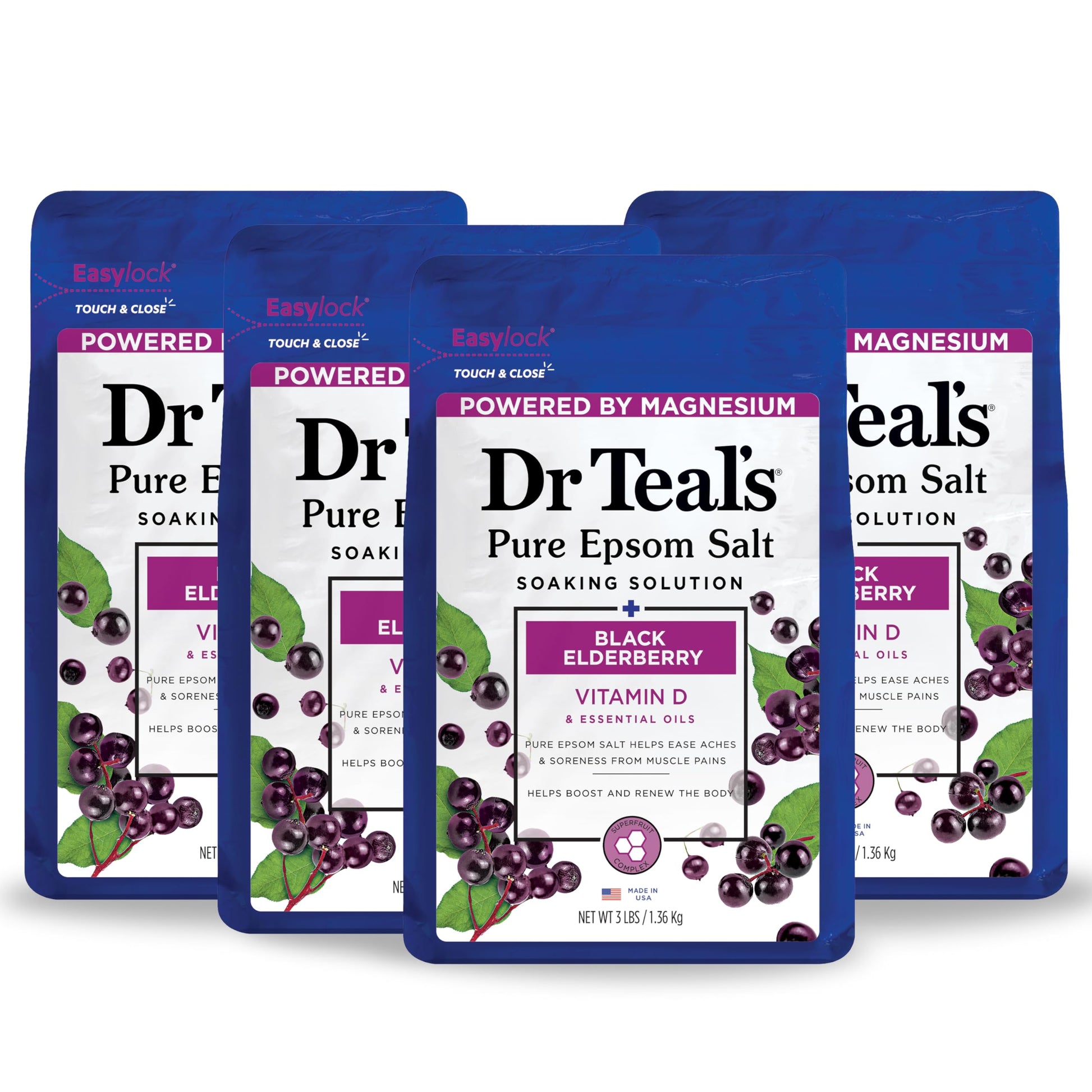 Dr Teal's - Sal pura de Epsom Magnesium Soak, saúco negro con vitamina D, 3 libras (paquete de 4)