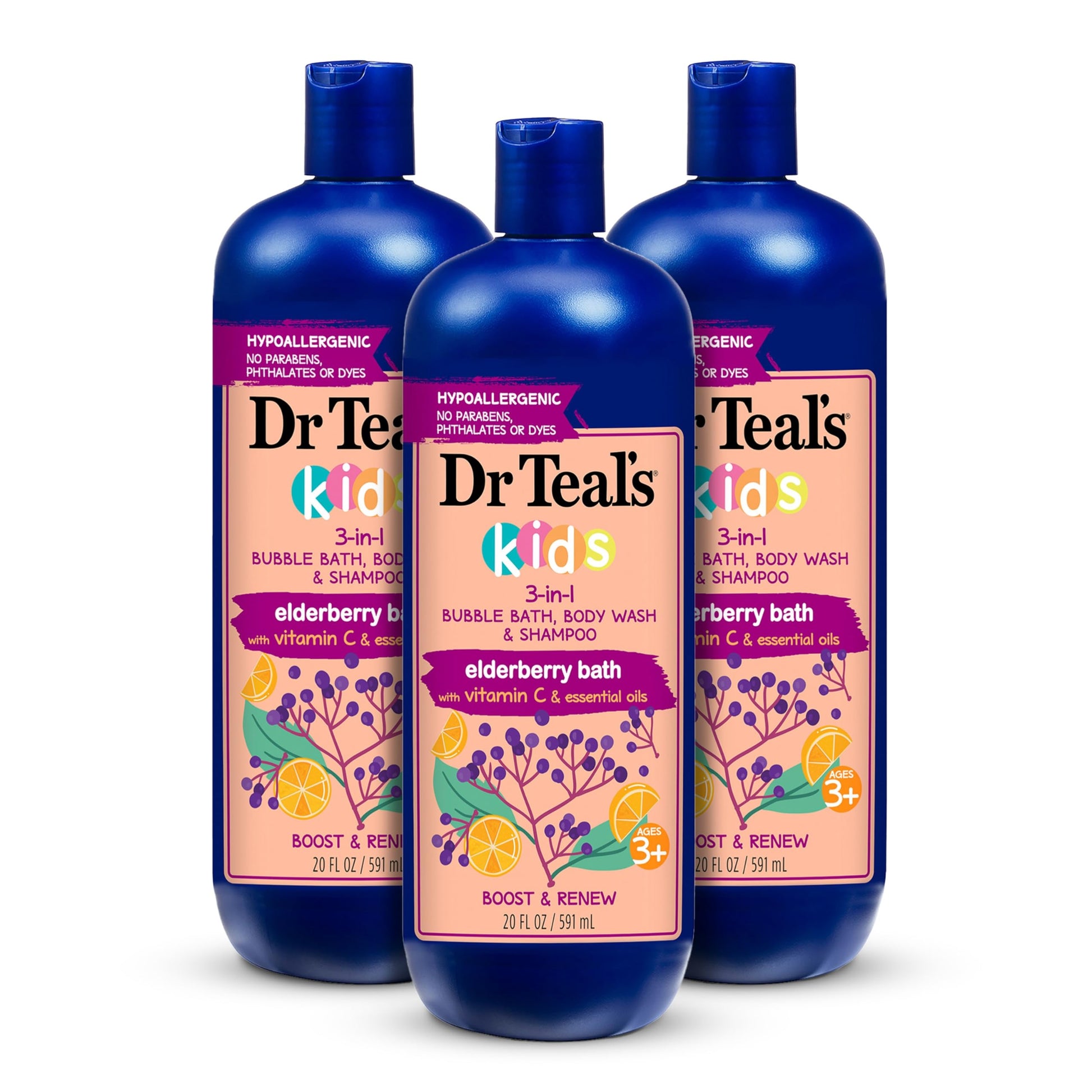 Dr Teal's - Baño de burbujas 3 en 1 para niños, gel de baño corporal y champú, Boost & Renovar saúco con vitamina C, 20 onzas líquidas (paquete de 3)